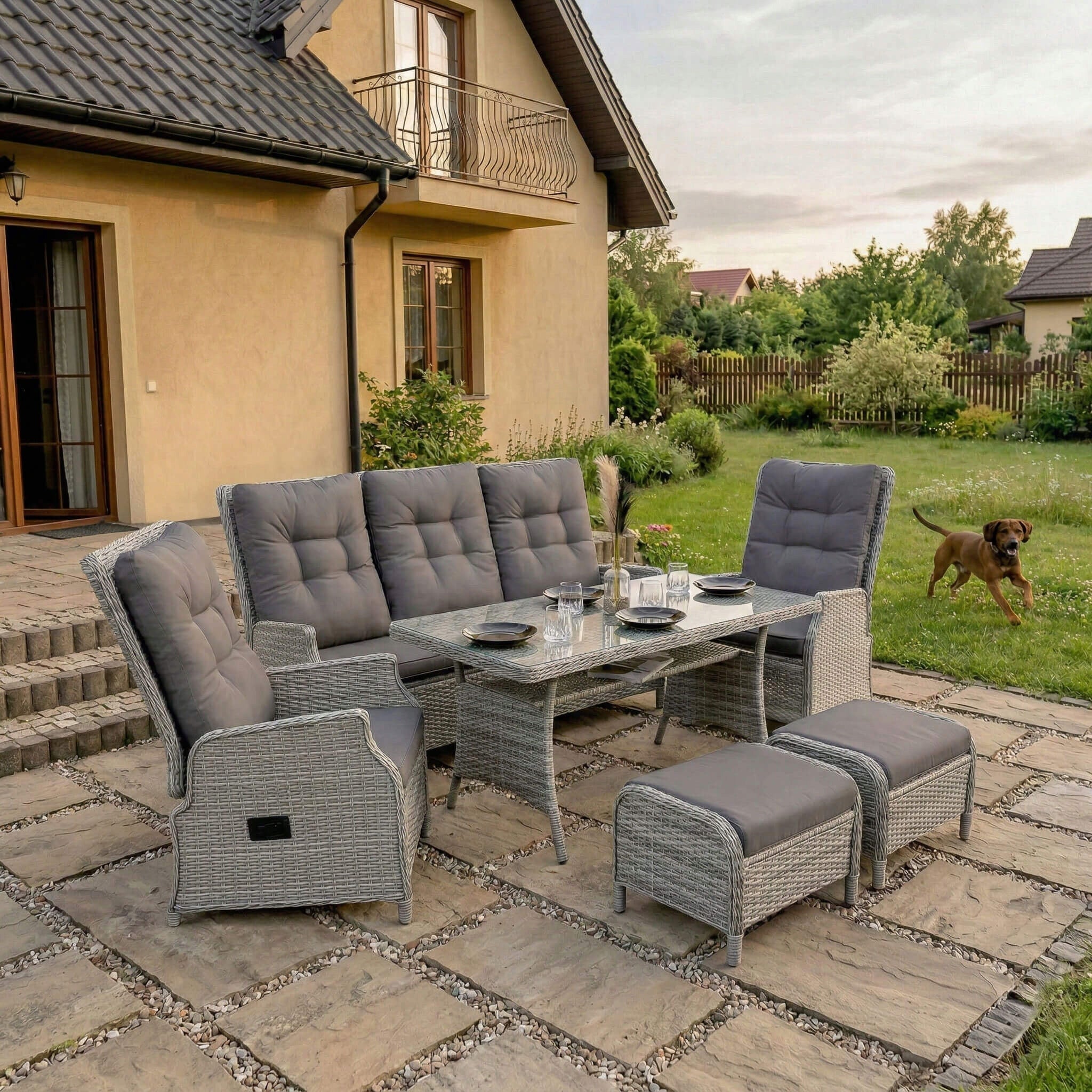 Garden furniture set ALICANTE technoratan light grey cushions adjustment Color gray
