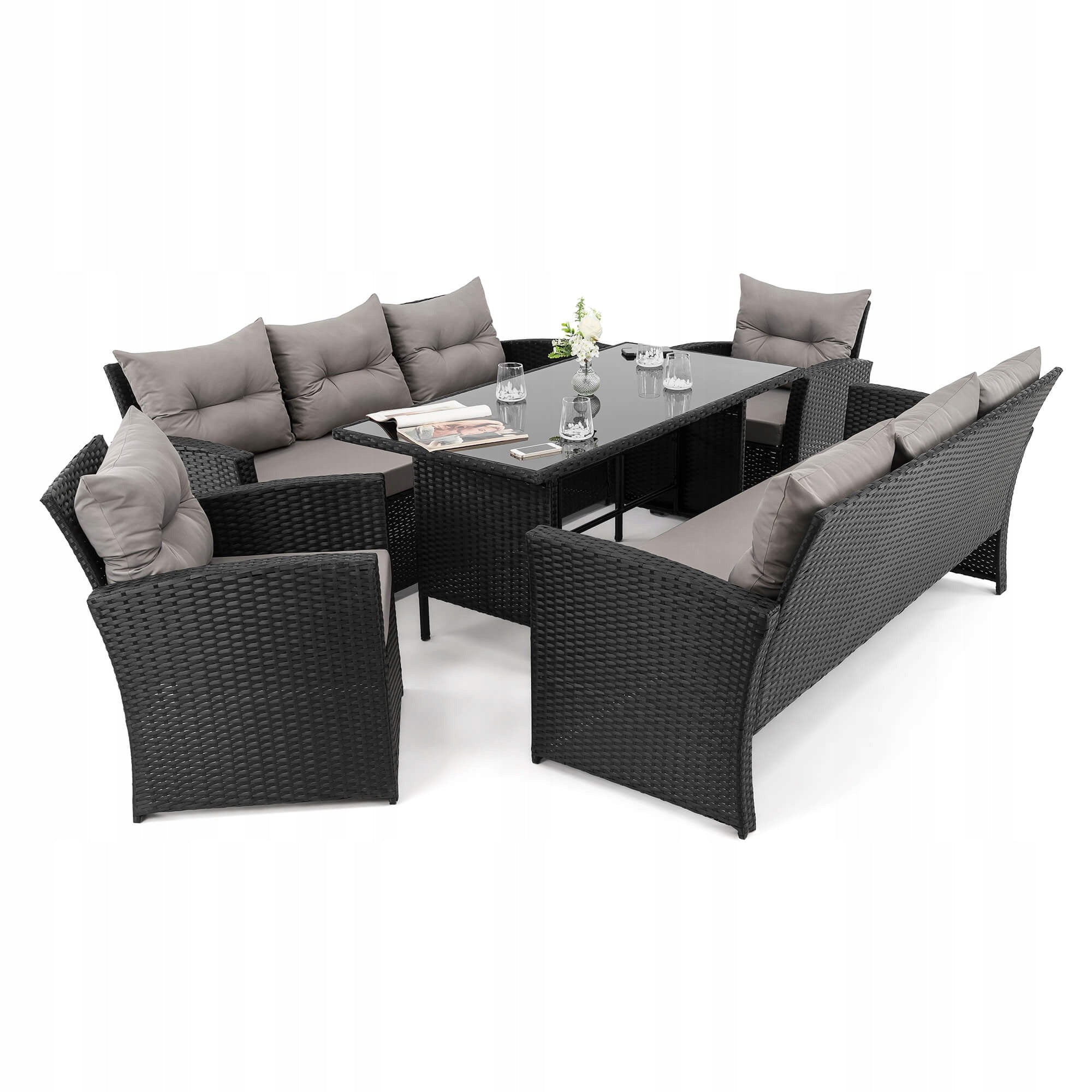 Garden furniture set Marseille 8 BP rattan black cushions grey