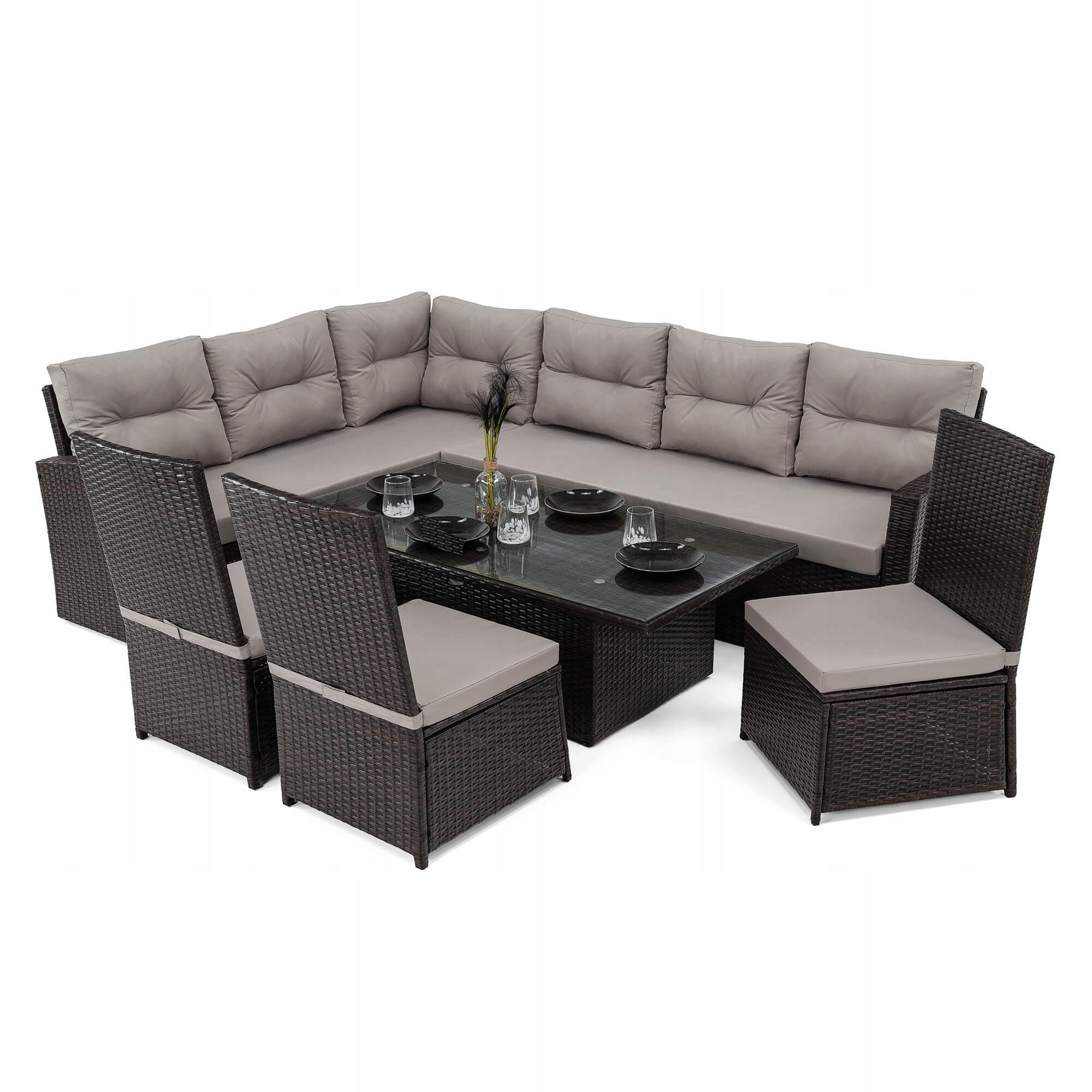 Garden furniture set TOKYO rattan brown cushions grey Color brown
