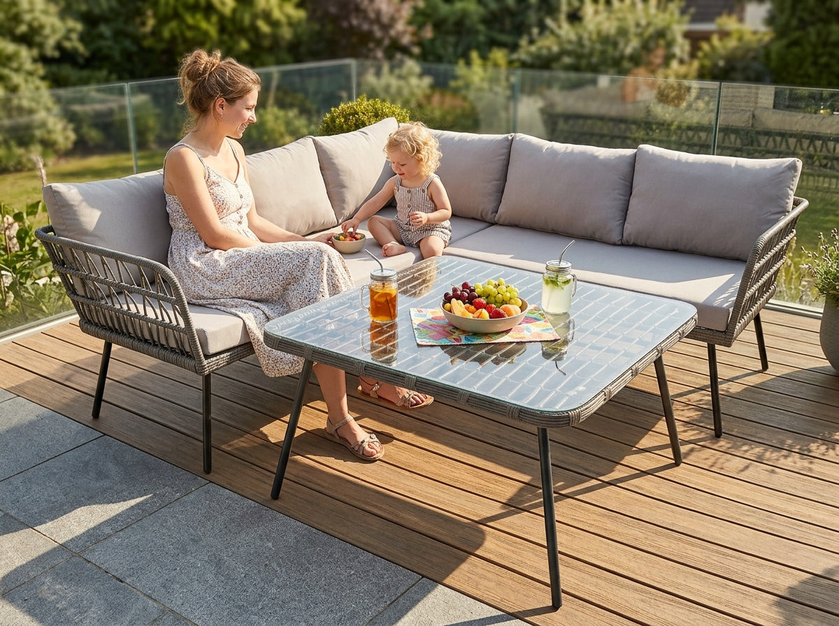 Garden furniture set corner rattan table grey cushions Main material rattan