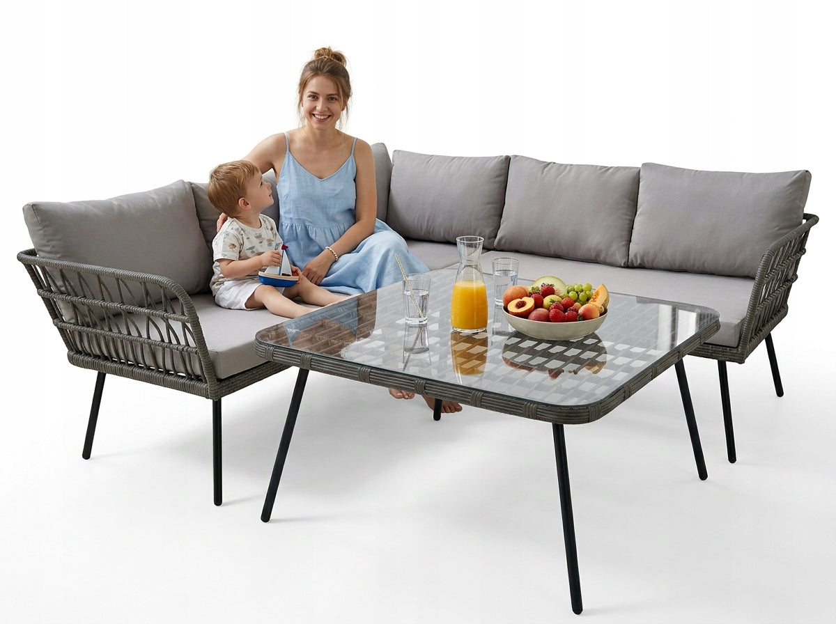 Garden furniture set corner rattan table grey cushions