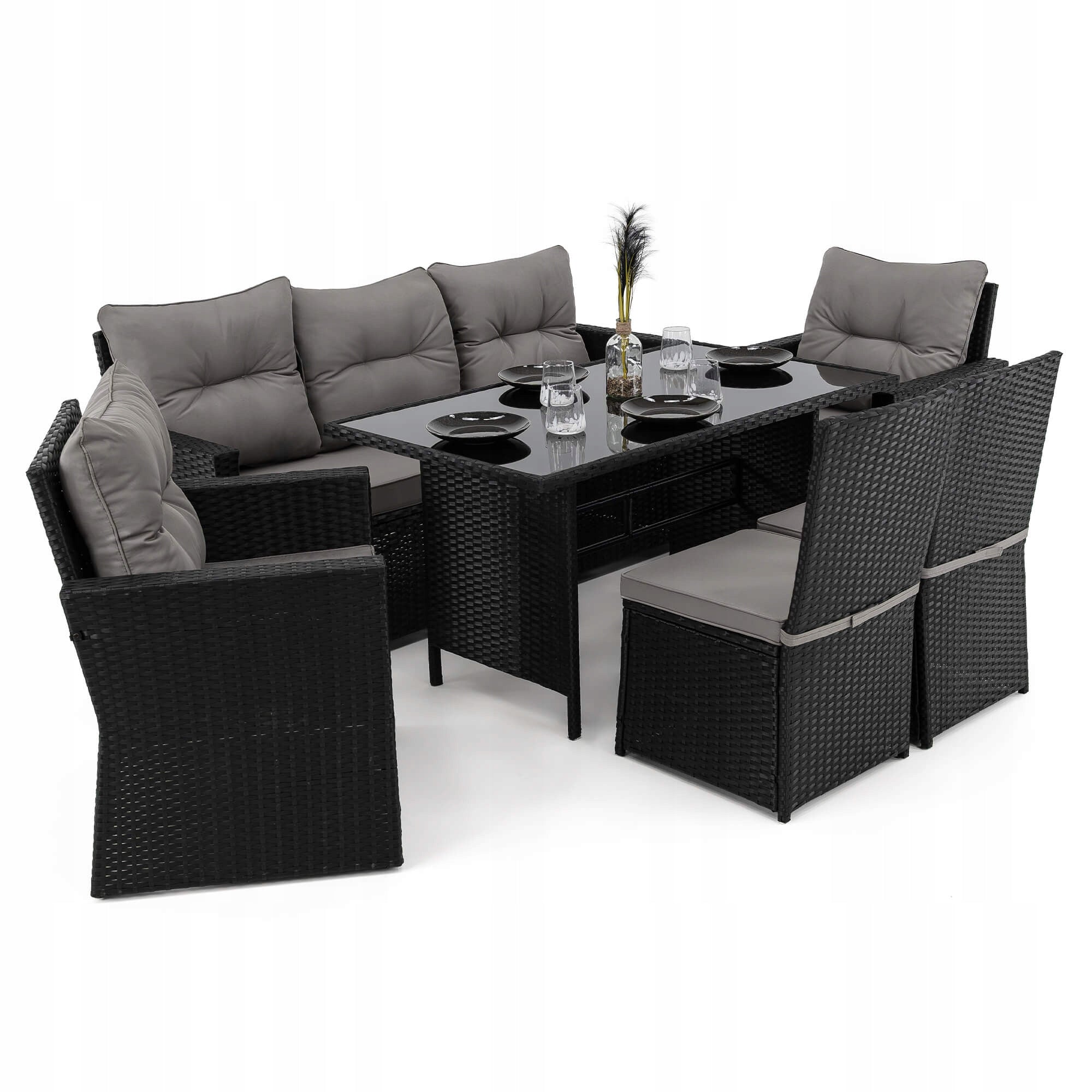 Garden furniture set rattan MONAKO XL black cushions grey