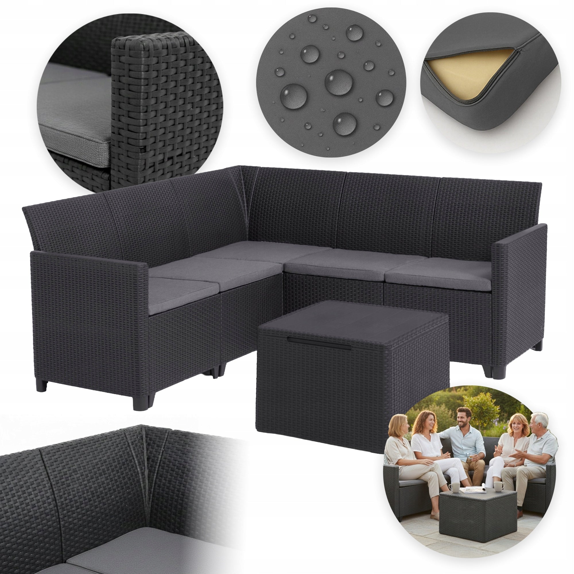 Garden furniture terrace set Keter Claire sofa pouf table grey 5-seater