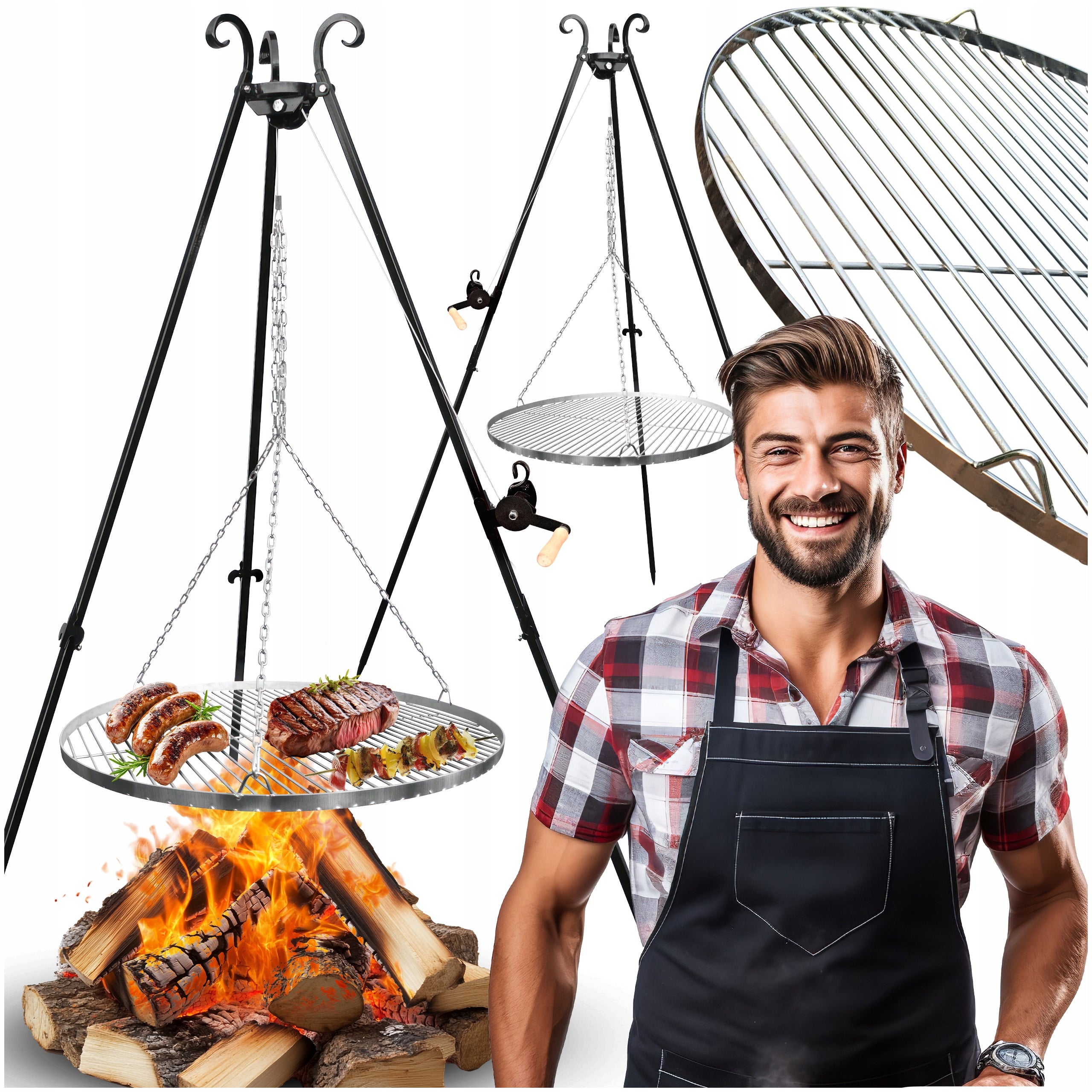 Garden grill tripod with grate | stainless steel 70 cm | adjustable