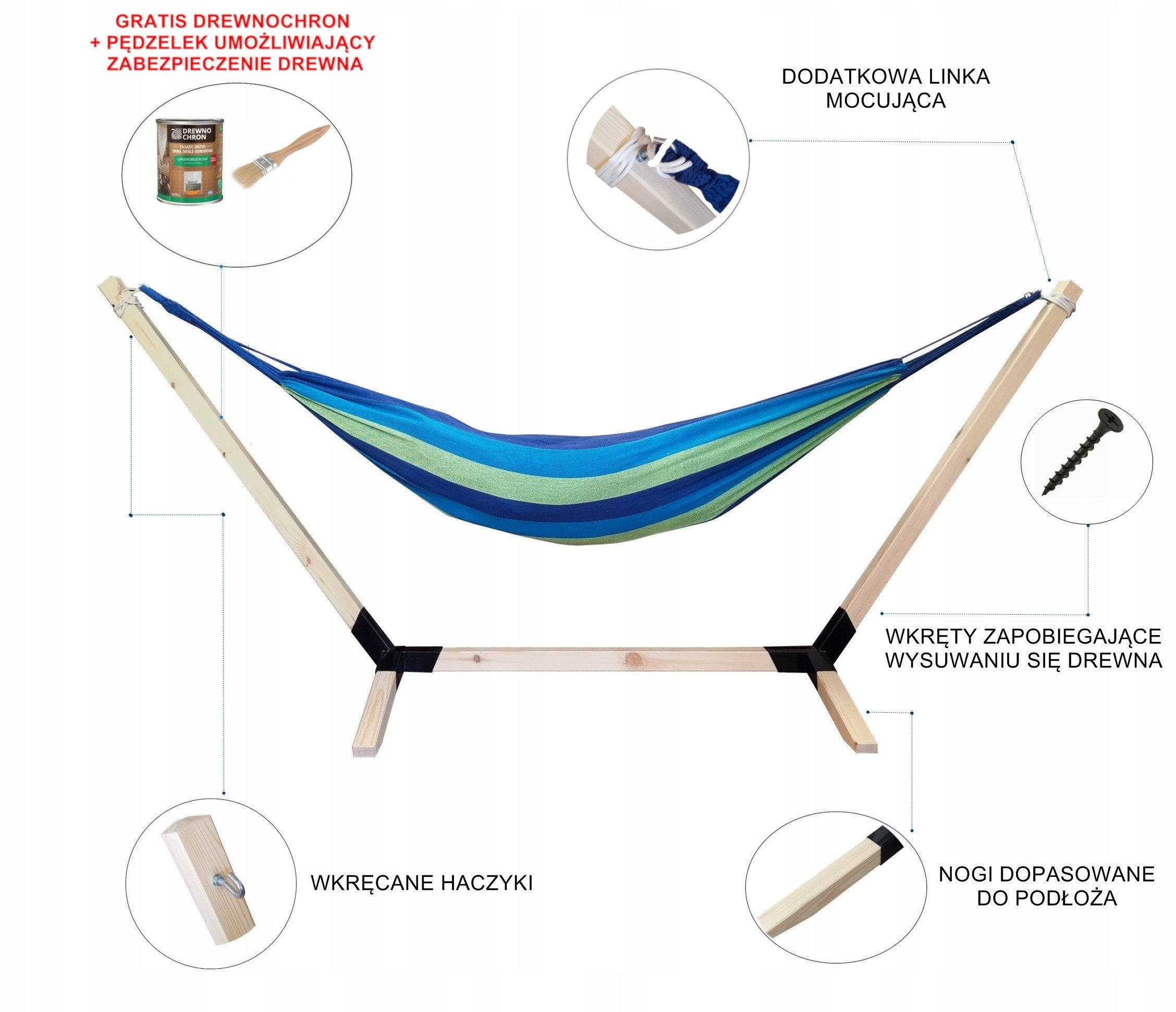Garden hammock with a wooden frame for two people, blue hammock frame Kind hammock with rod