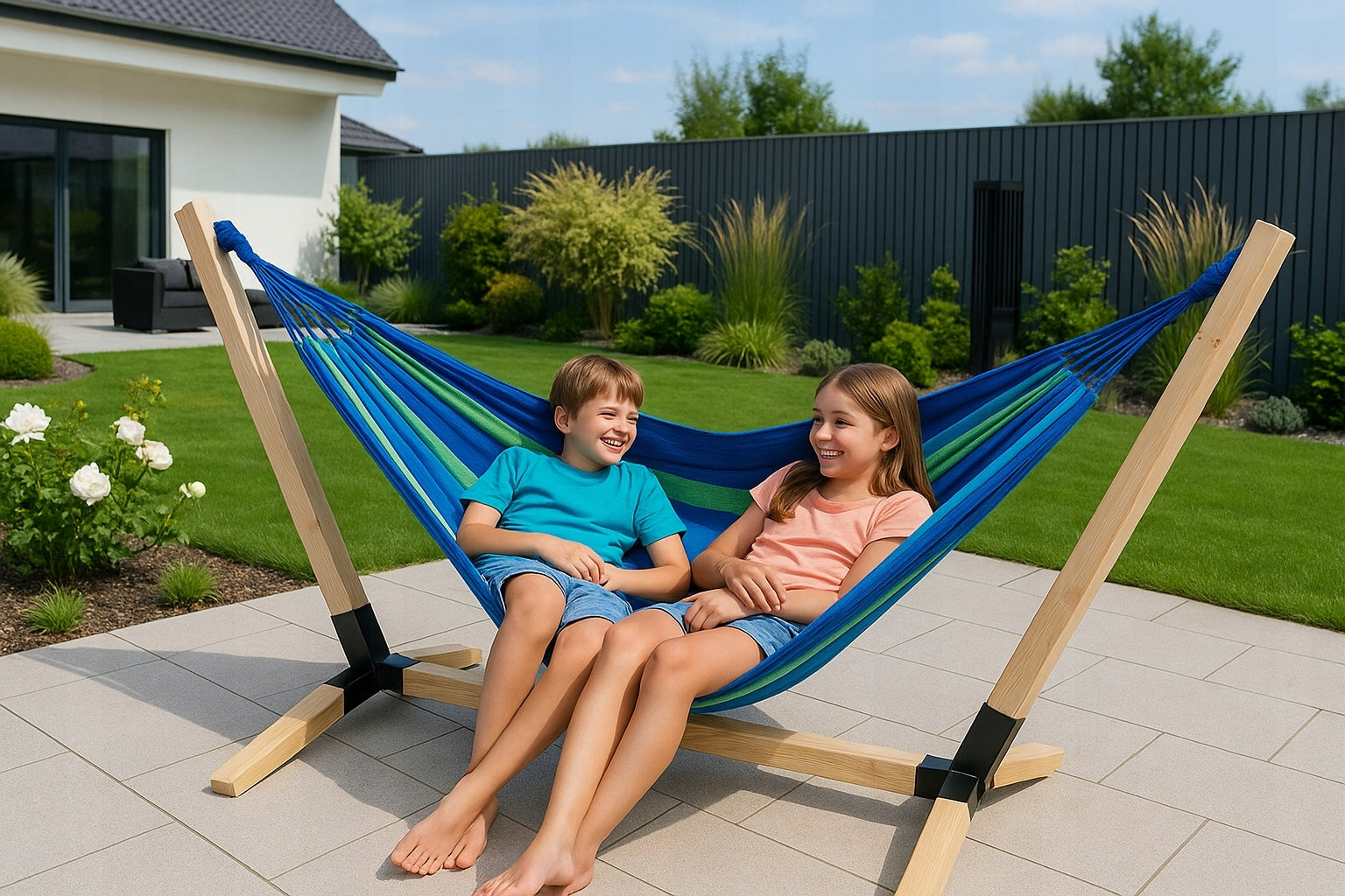 Garden hammock with a wooden frame for two people, blue hammock frame