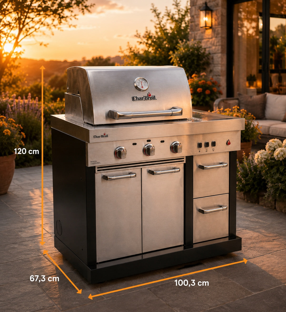 Garden kitchen corner grill Char-Broil stone countertop sink 6.6kW steel Power 6.6 kW