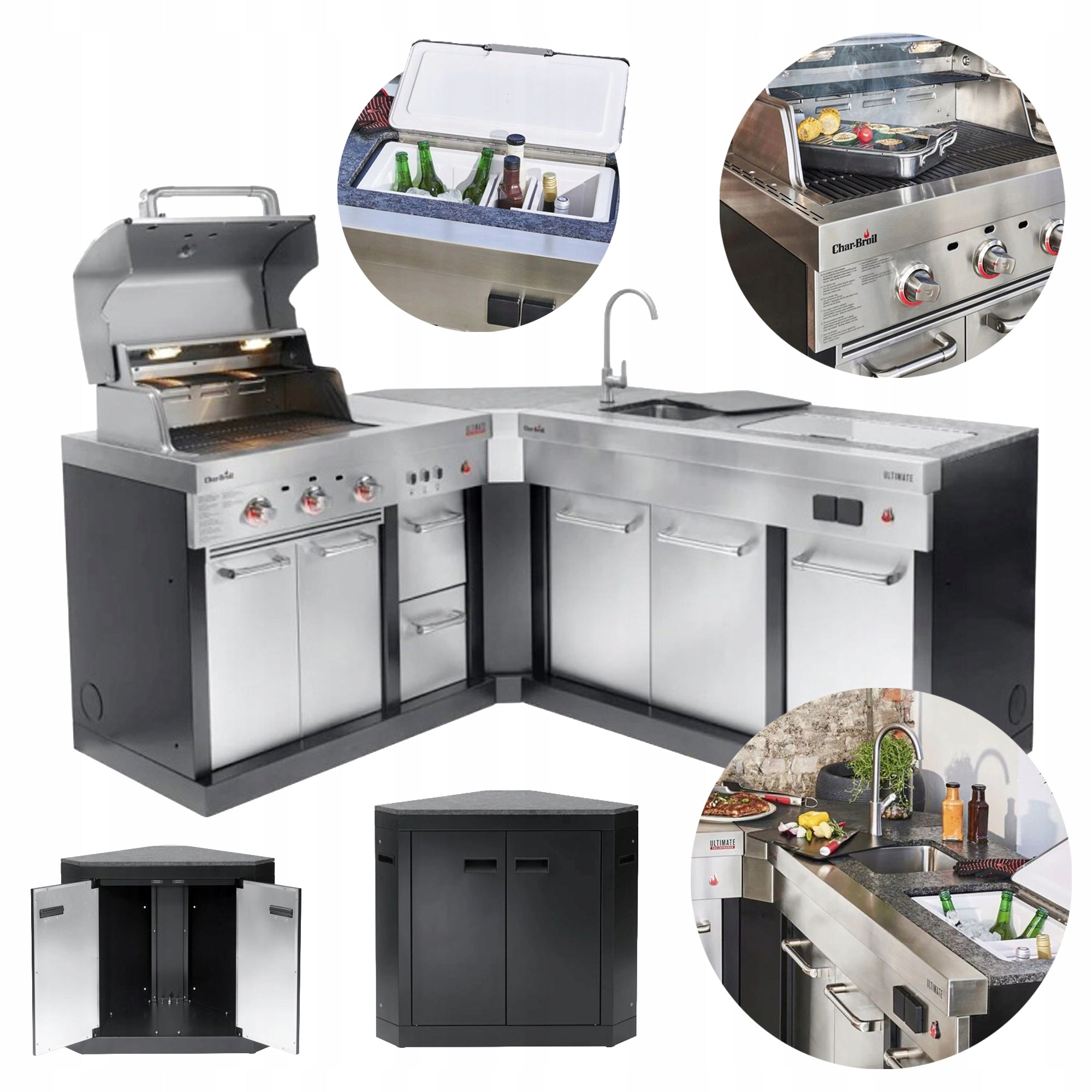 Garden kitchen corner grill Char-Broil stone countertop sink 6.6kW steel