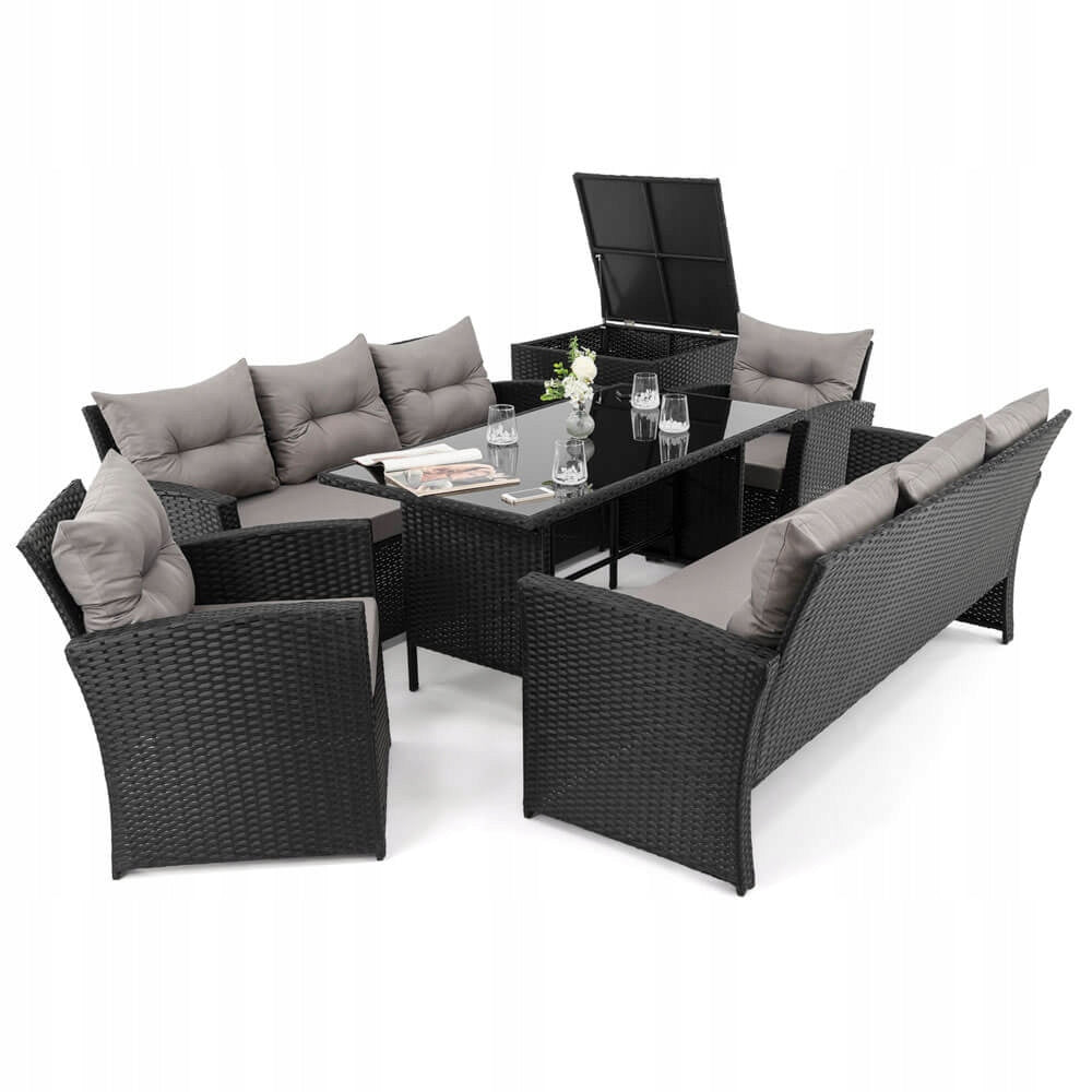 Garden set for garden MARSEILLE 8 rattan black cushions grey