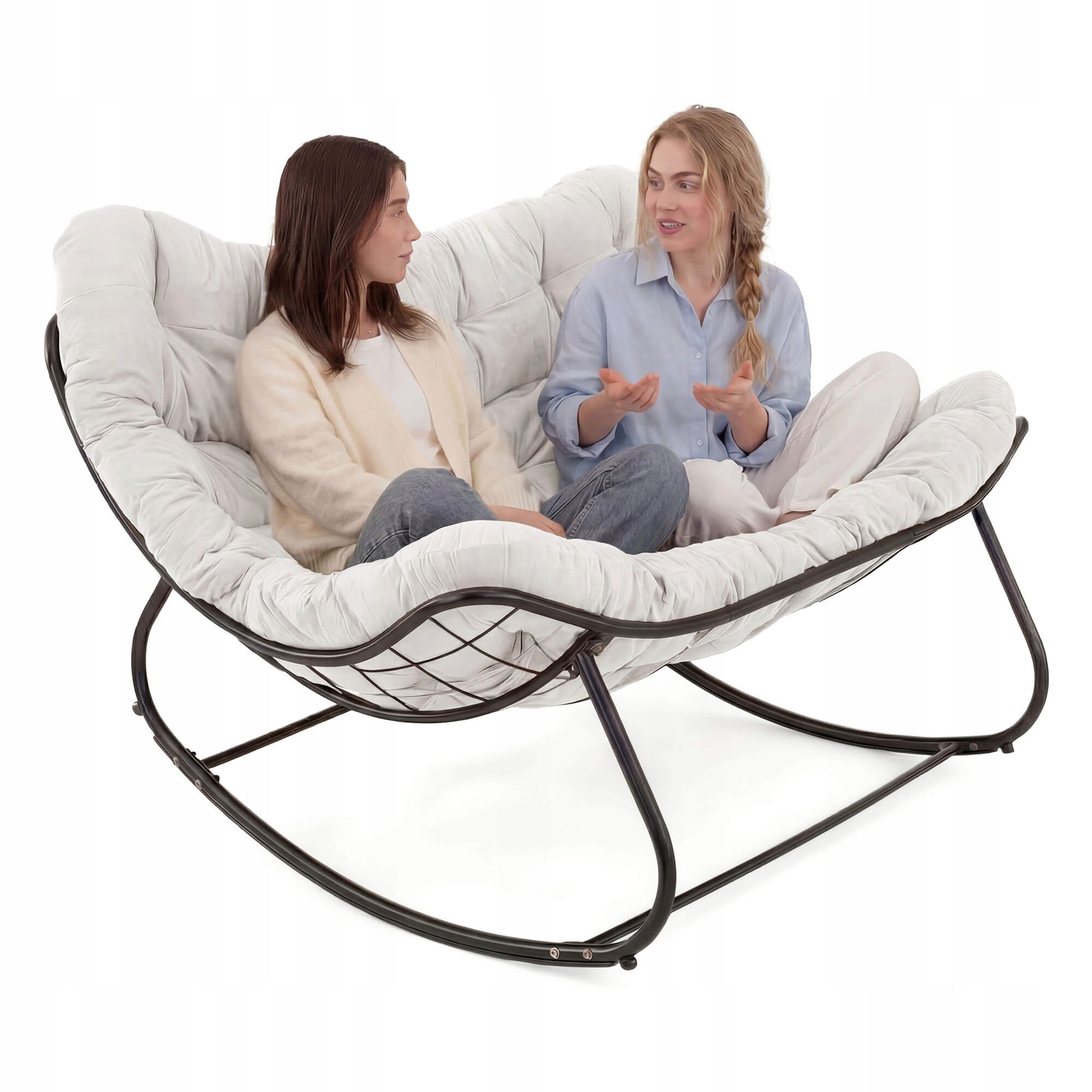 Garden sofa, 2 seater armchair, rocking chair, pillows light beige #210