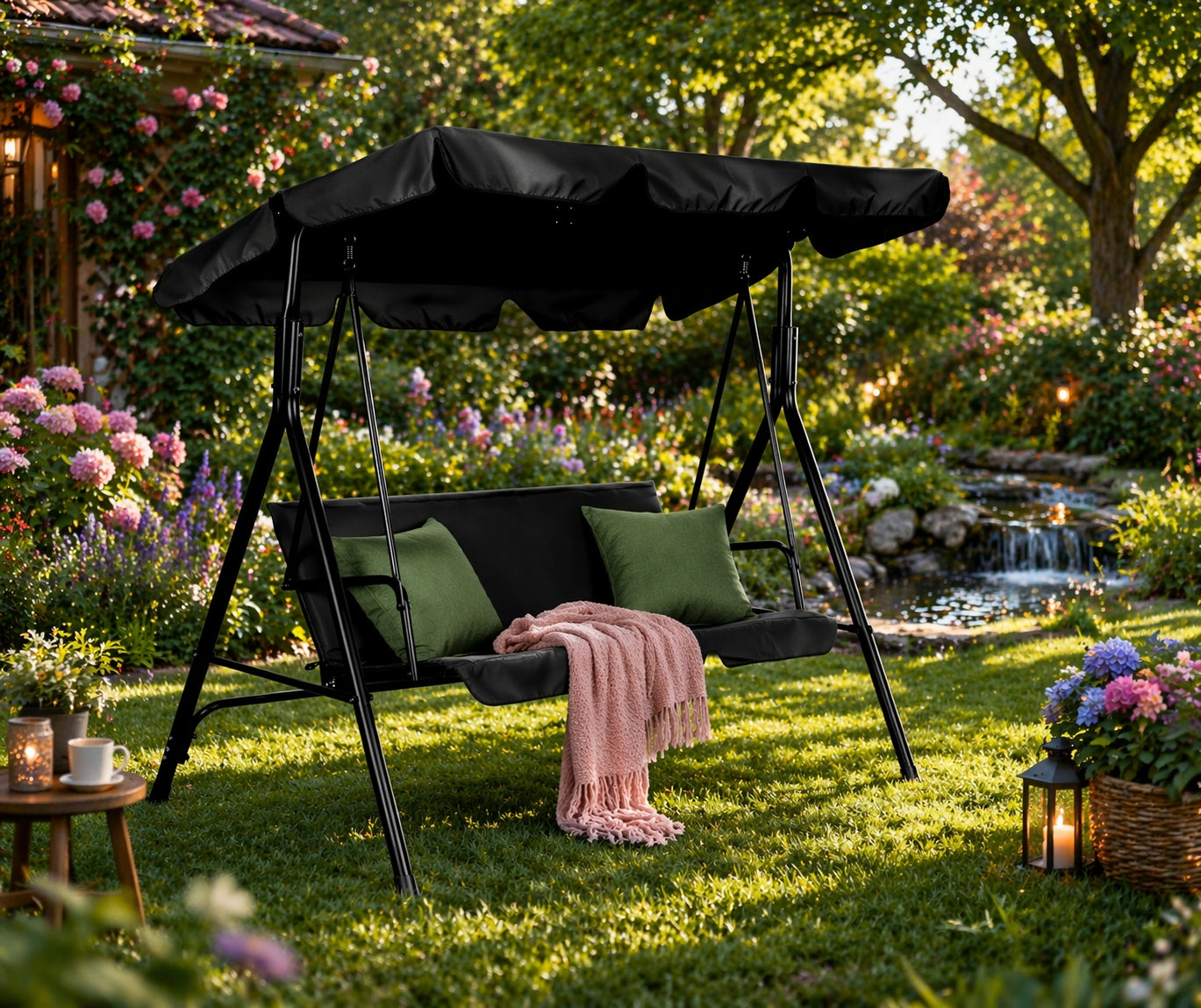 Garden swing dark grey with cushions 3-seater with visor 170cm Seat length 170 cm