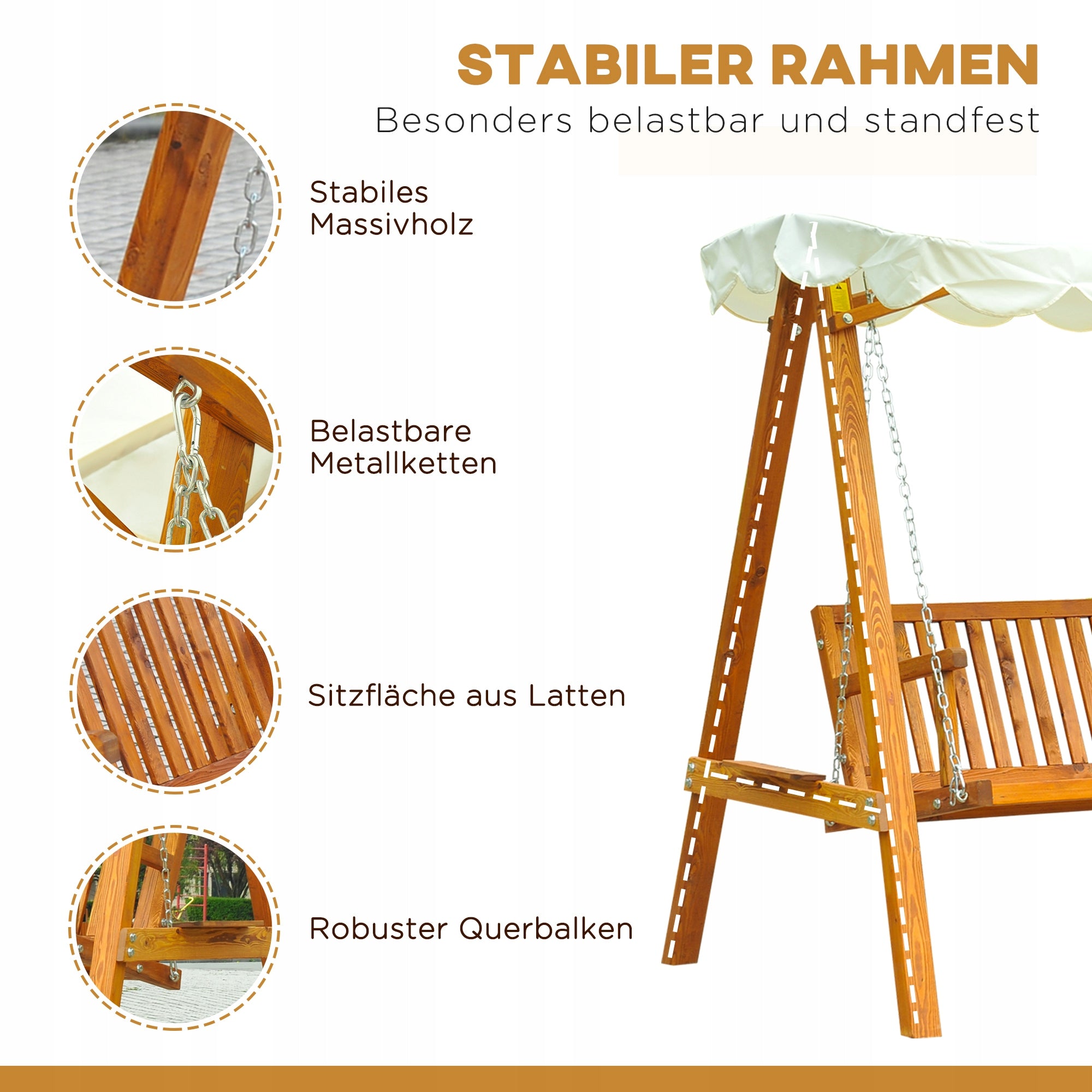 Garden swing with visor, wooden, stable, 210x130 cm Material of manufacture wood