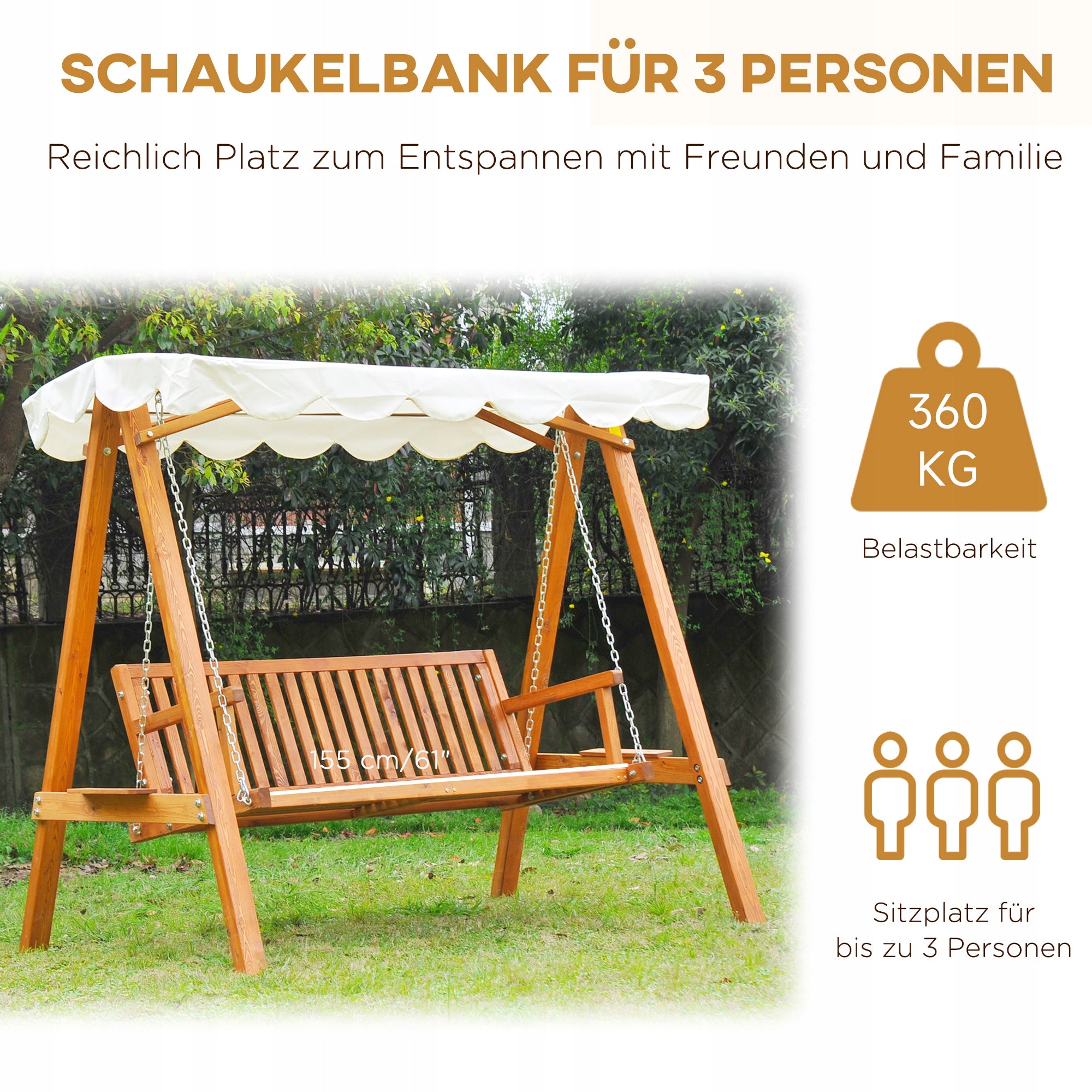 Garden swing with visor, wooden, stable, 210x130 cm Seat length 155 cm