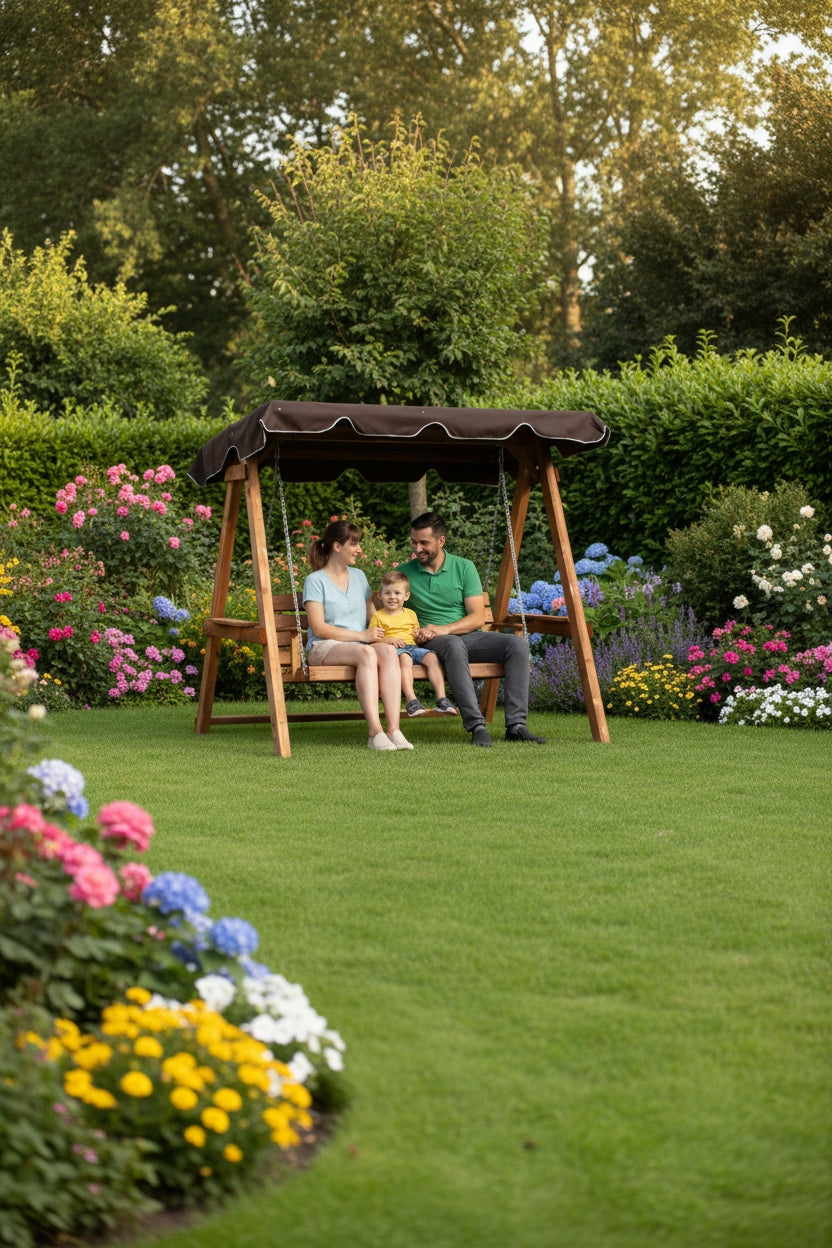 Garden swing wooden with visor furniture wood rocker 3 person hit Packaging status original
