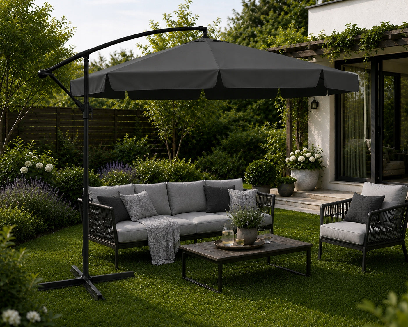 Garden umbrella LARGE folding boom with frill 350cm 8 segments GREY Color gray