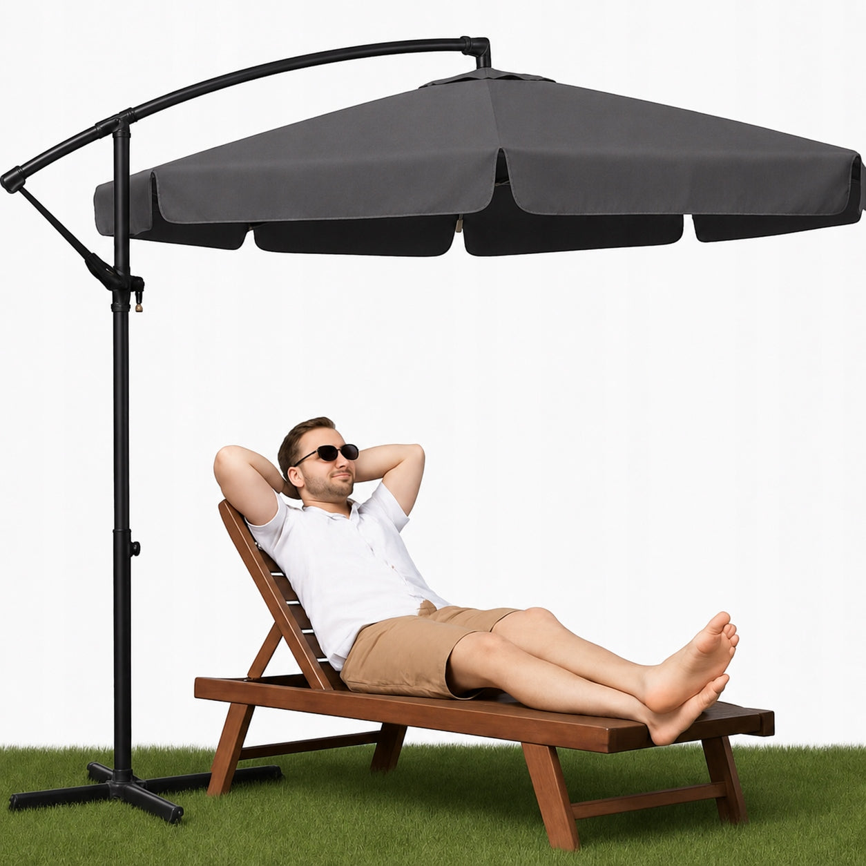 Garden umbrella LARGE folding boom with frill 350cm 8 segments GREY