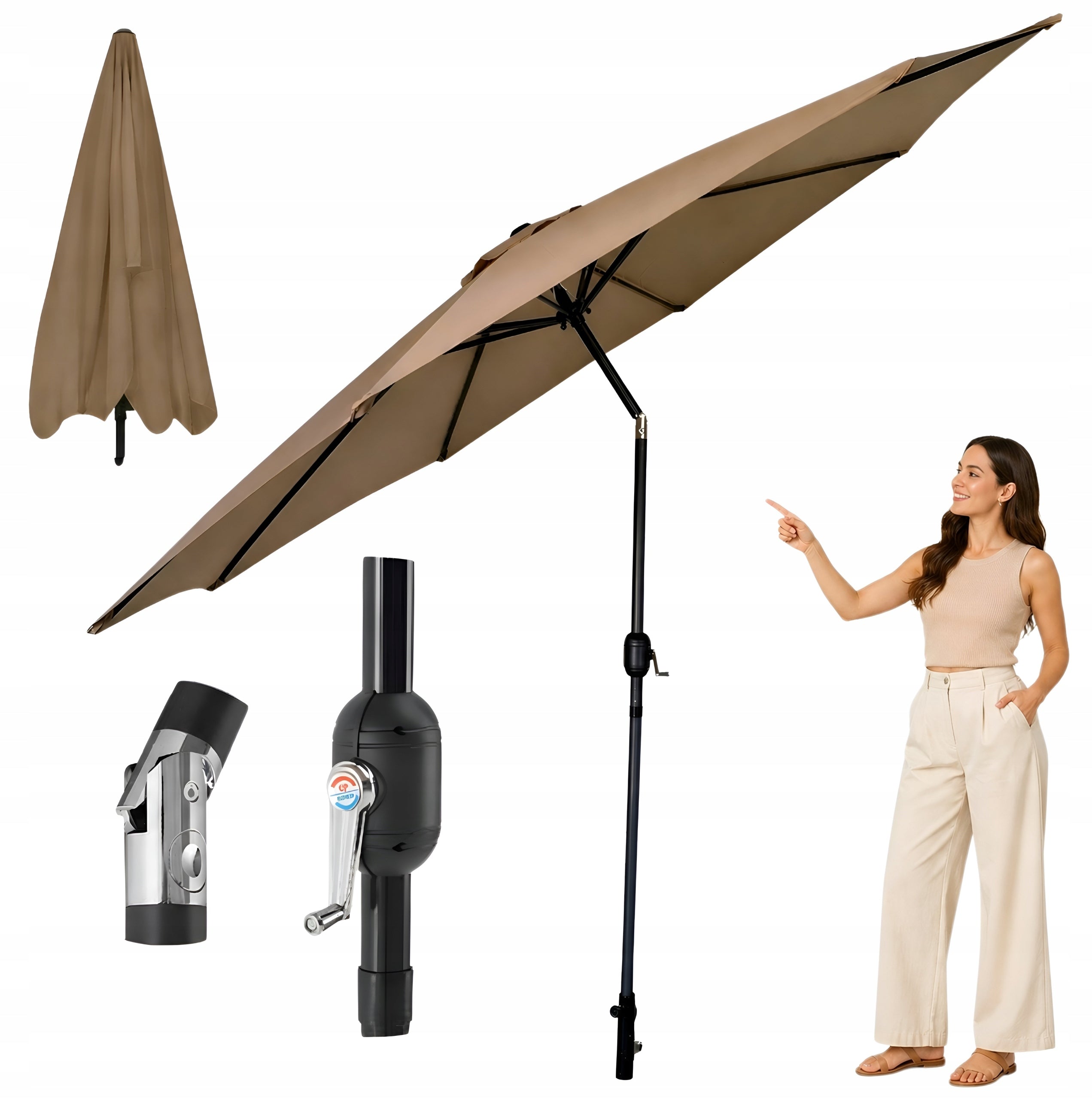 Garden umbrella LARGE folding broken adjustable crank 300cm beige dark