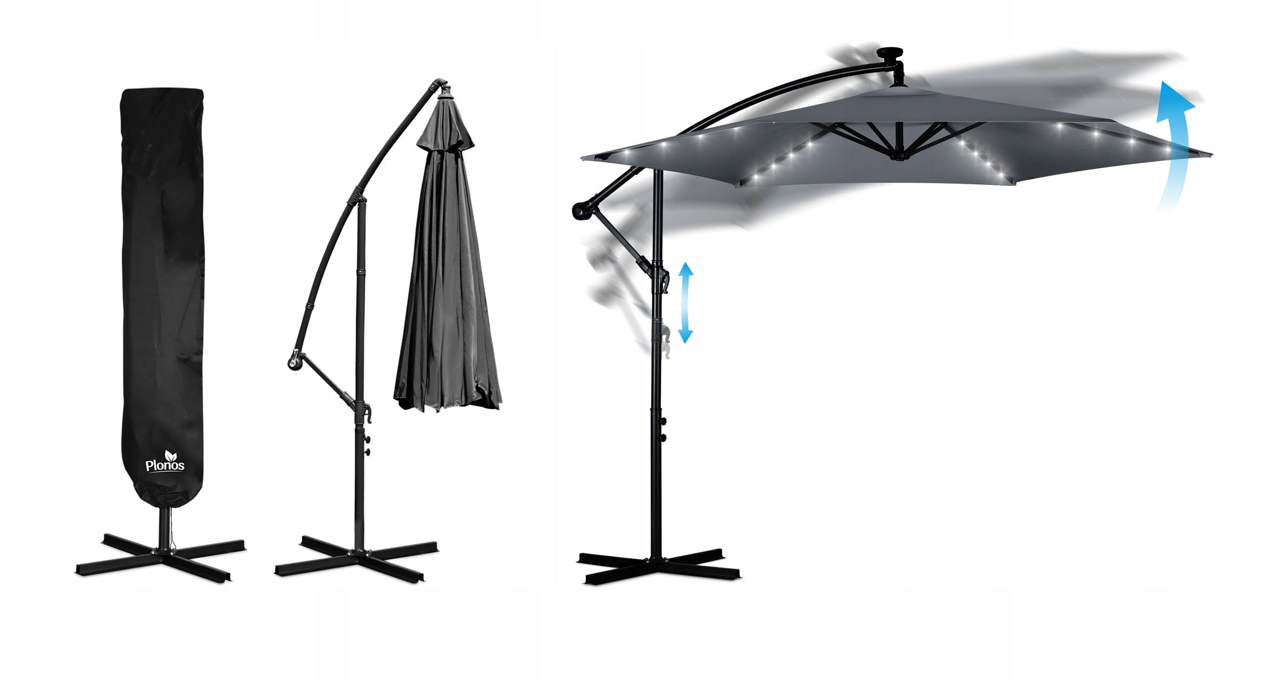 Garden umbrella large folding with boom cover LED lamp Ø 300cm Product height 250 cm
