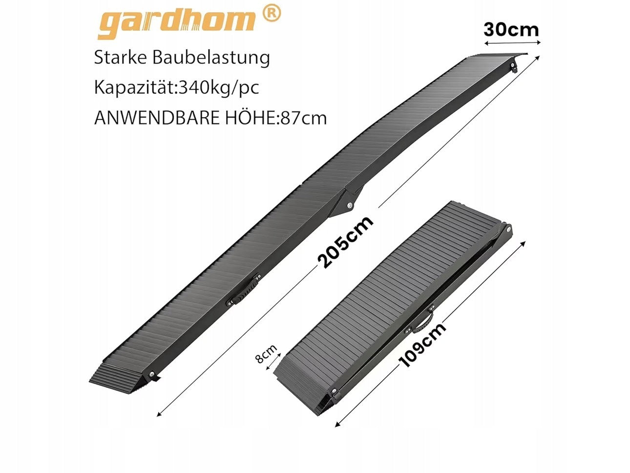 Gardhom folding ramp aluminium 203 x 28 cm black 340 kg non-slip Manufacturer code B0D5B68Q4F