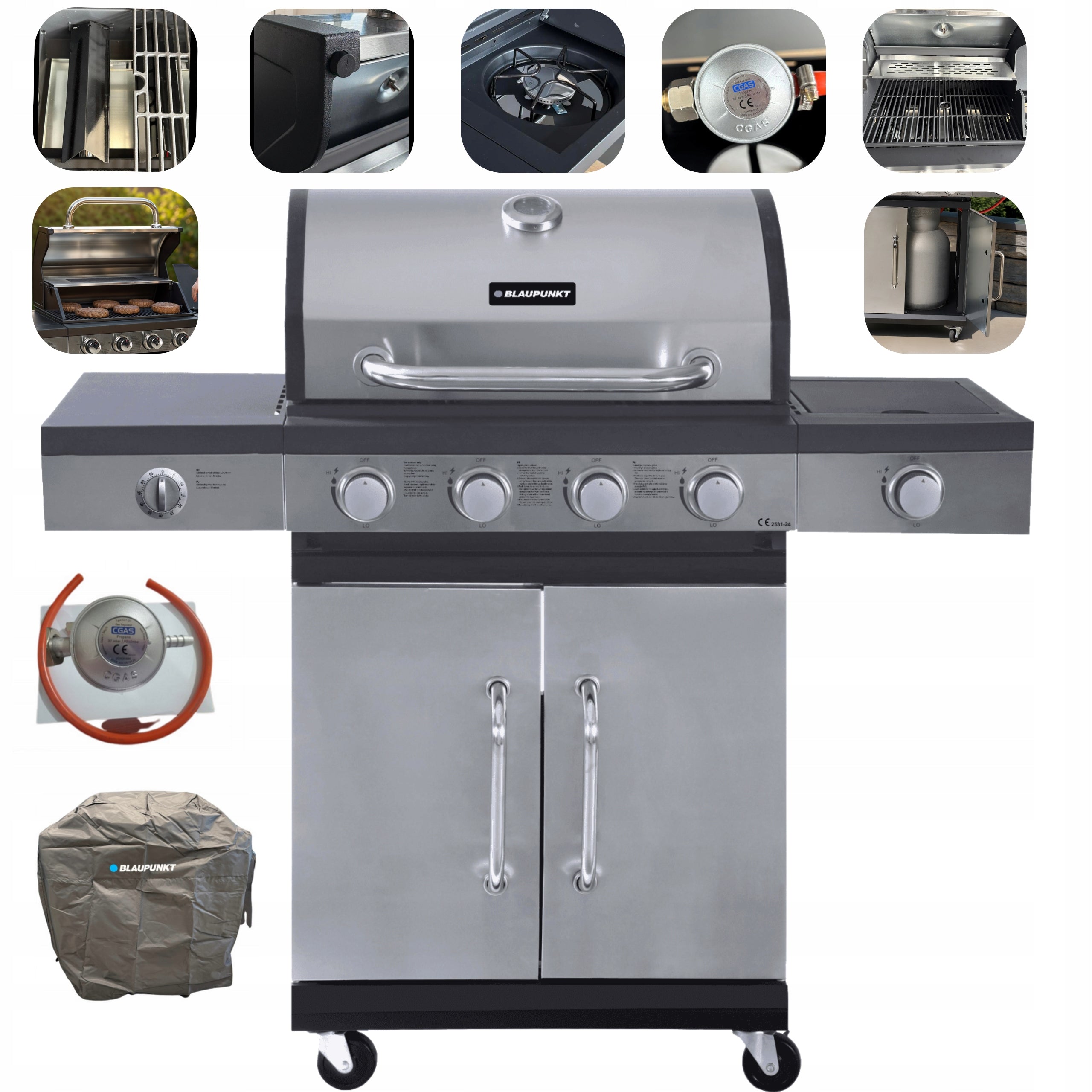 Gas Grill Burners 4+1 Cast Iron Grate 11,7 kW Cover Blaupunkt GG401
