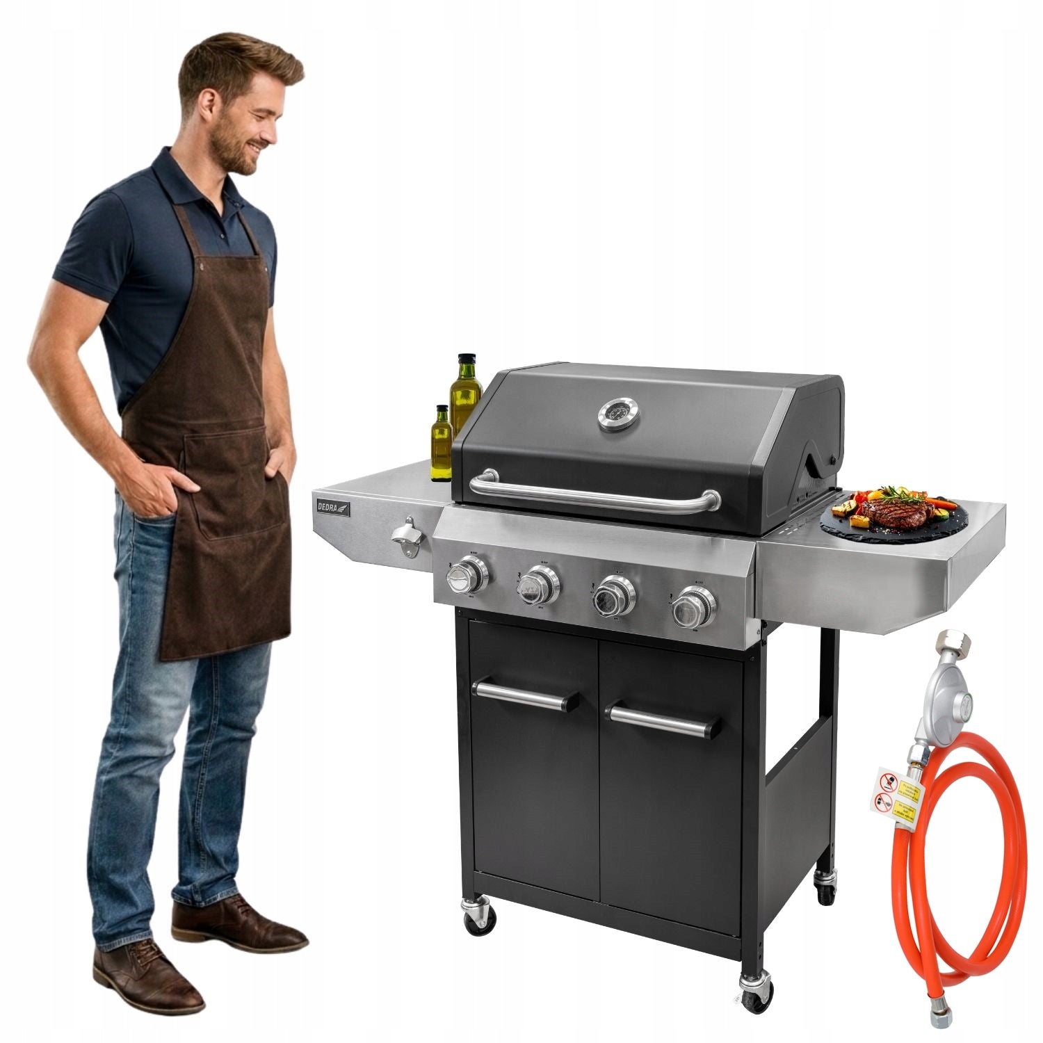 Gas Grill Garden Cast Iron Grate 12kW 4 Burners 4 Wheels Stainless DEDRA Packaging status original