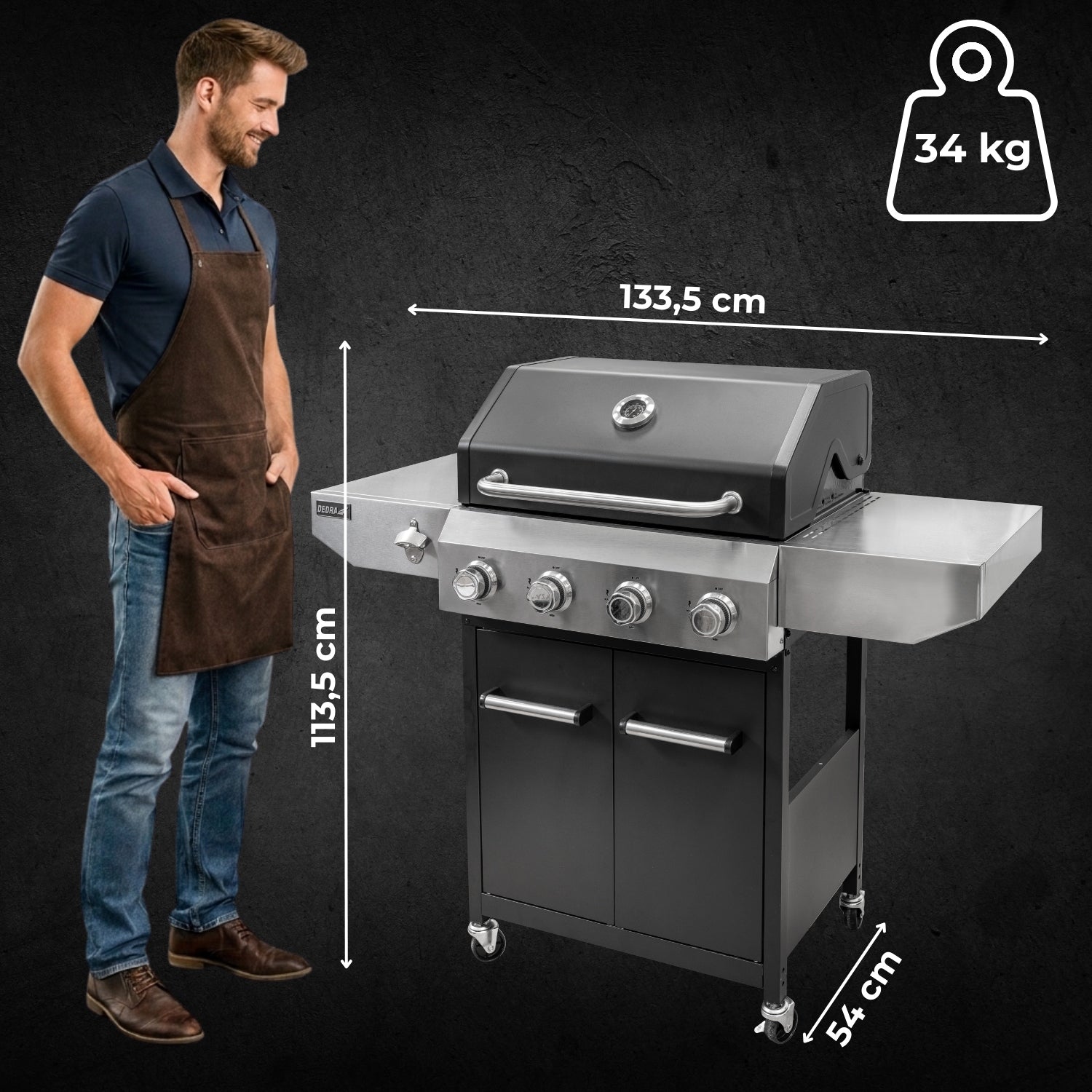 Gas Grill Garden Cast Iron Grate 12kW 4 Burners 4 Wheels Stainless DEDRA Power 12 kW