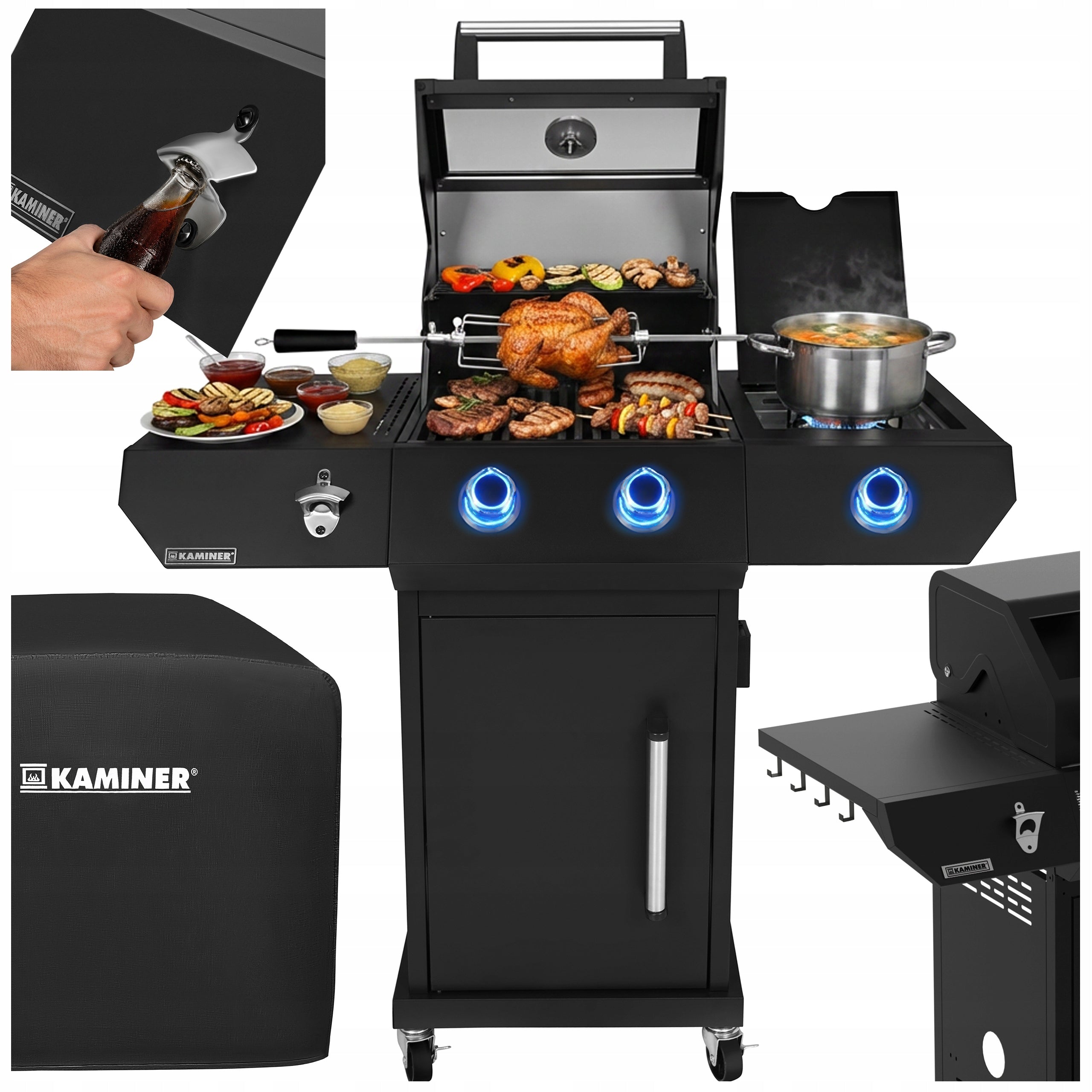 Gas Grill Garden Cast Iron Grate 2+1 10kW Stainless + Cylinder Cabinet