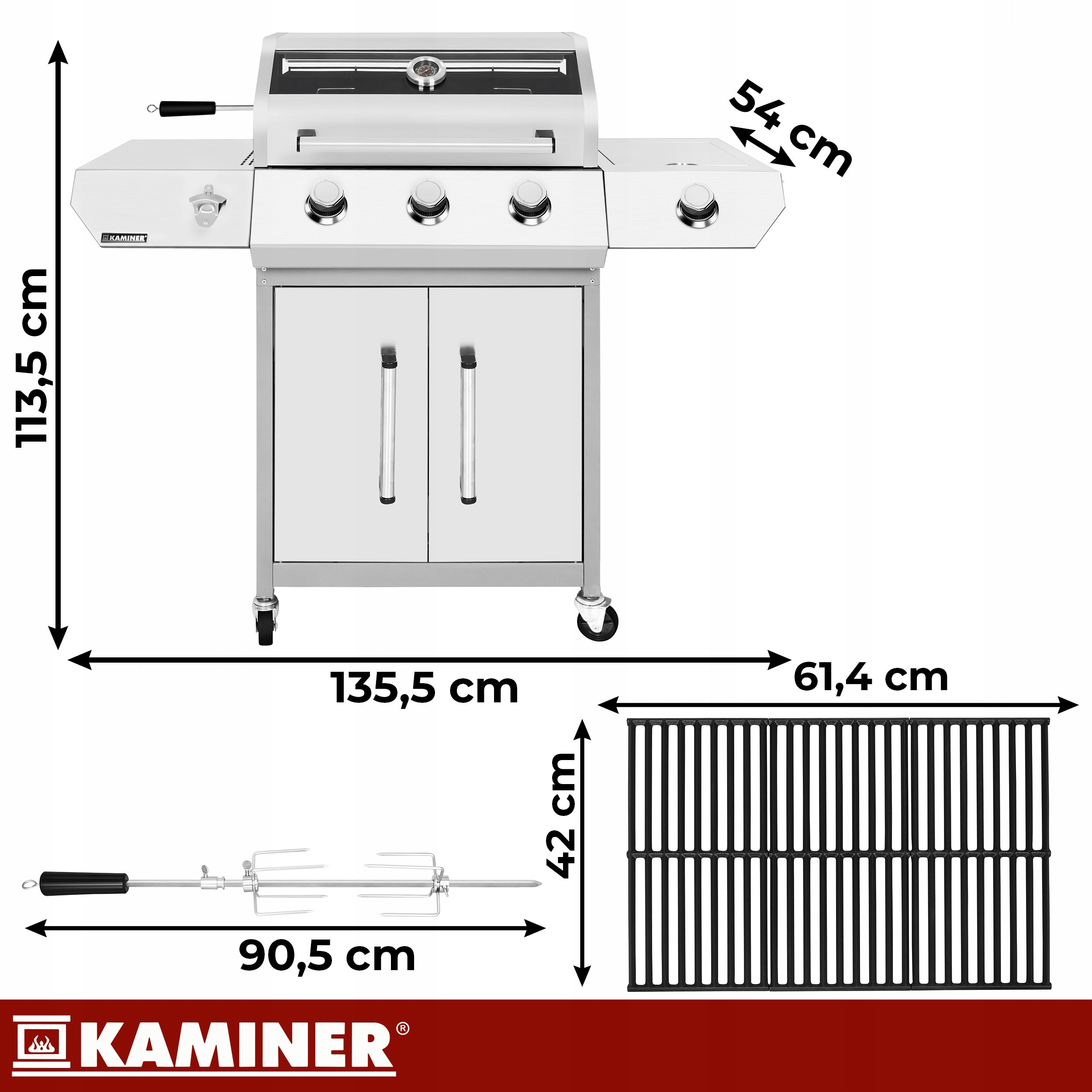 Gas Grill Garden Cast Iron Grate 3+1 13,5kW Stainless + Cylinder Cabinet Number of burners 4