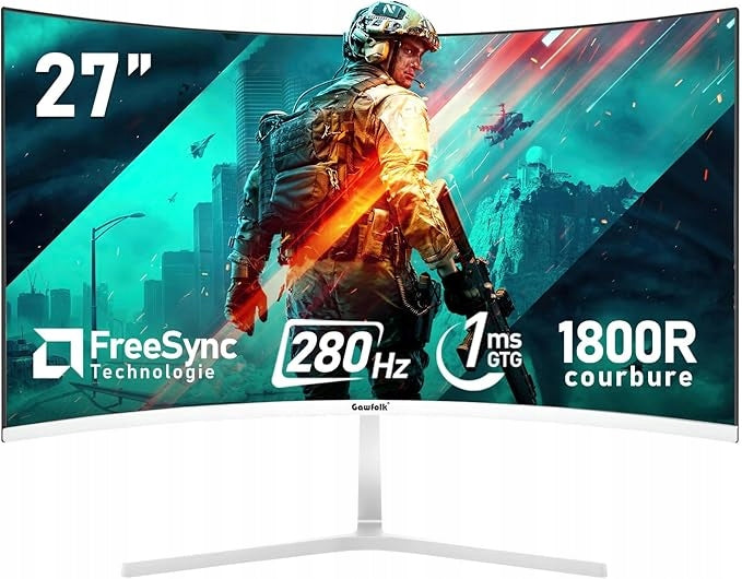 Gawfolk 27" 280Hz Curved Monitor 1ms FHD 1800R HDMI DP VESA White