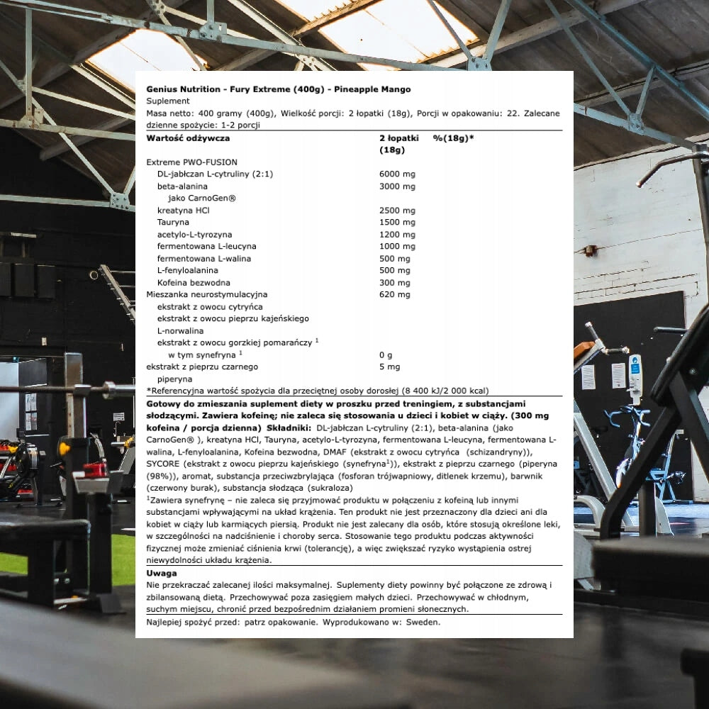 Genius Nutrition Fury Extreme 400g PRE-WORKOUT PINEAPPLE MANGO Expiration date at least 1 year from the date of purchase
