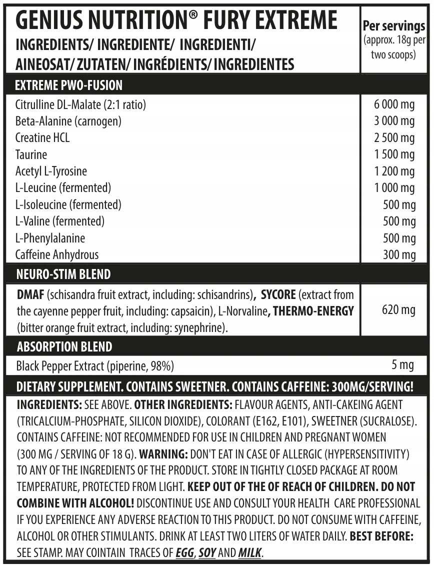 Genius Nutrition Fury Extreme 400g Strong Pre-Workout Pre-Workout Pump Packaging status original