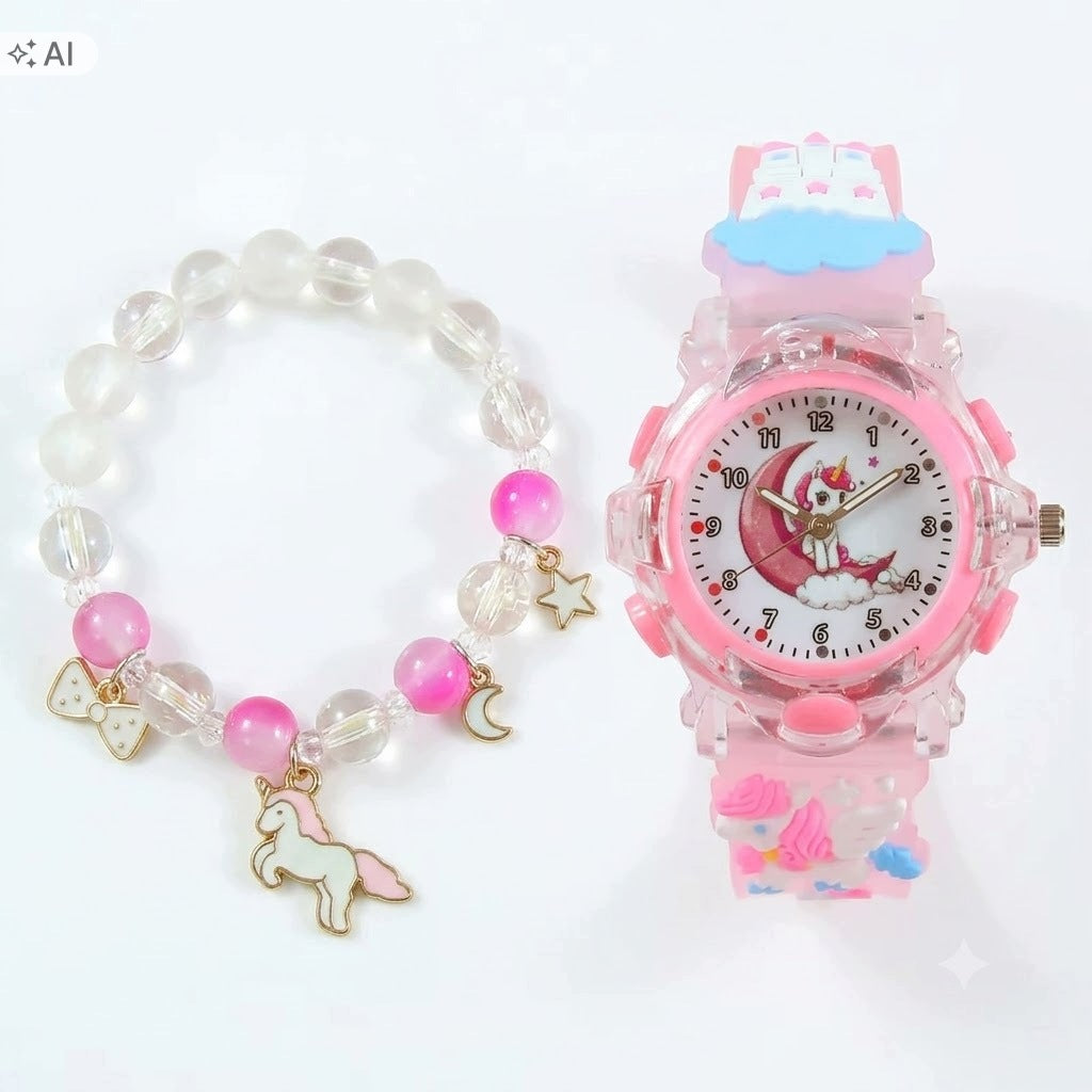 Girls' Watch Set - Quartz LED Unicorn Pony and Bracelet