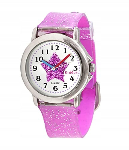 Girls' wrist watch with glitter. Includes exercises for learning the time.