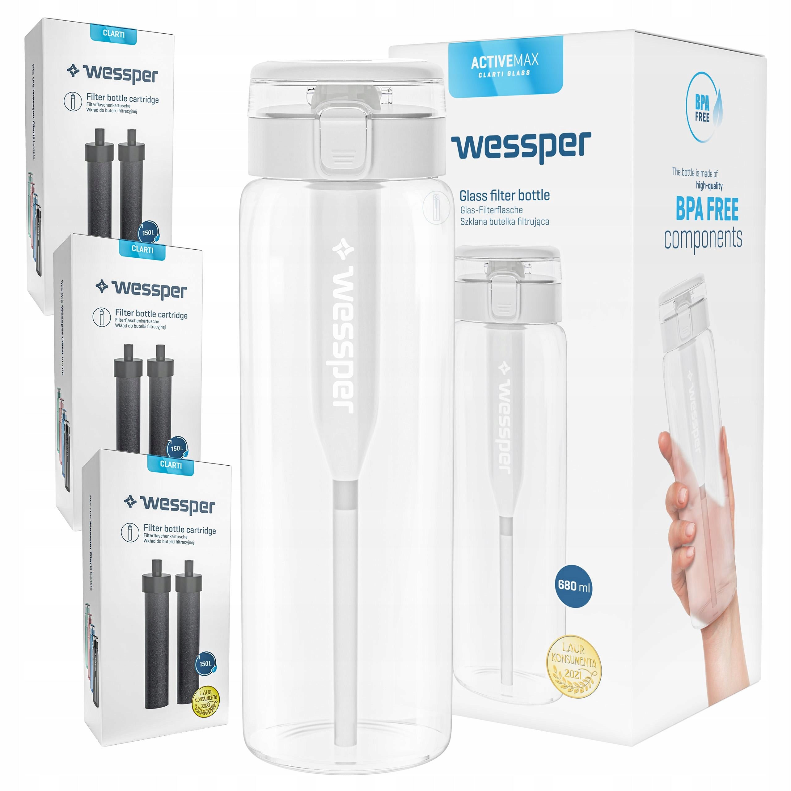 Glass Filter Bottle Wessper ActiveMax Clarti 0,68l + 7x Water Filter