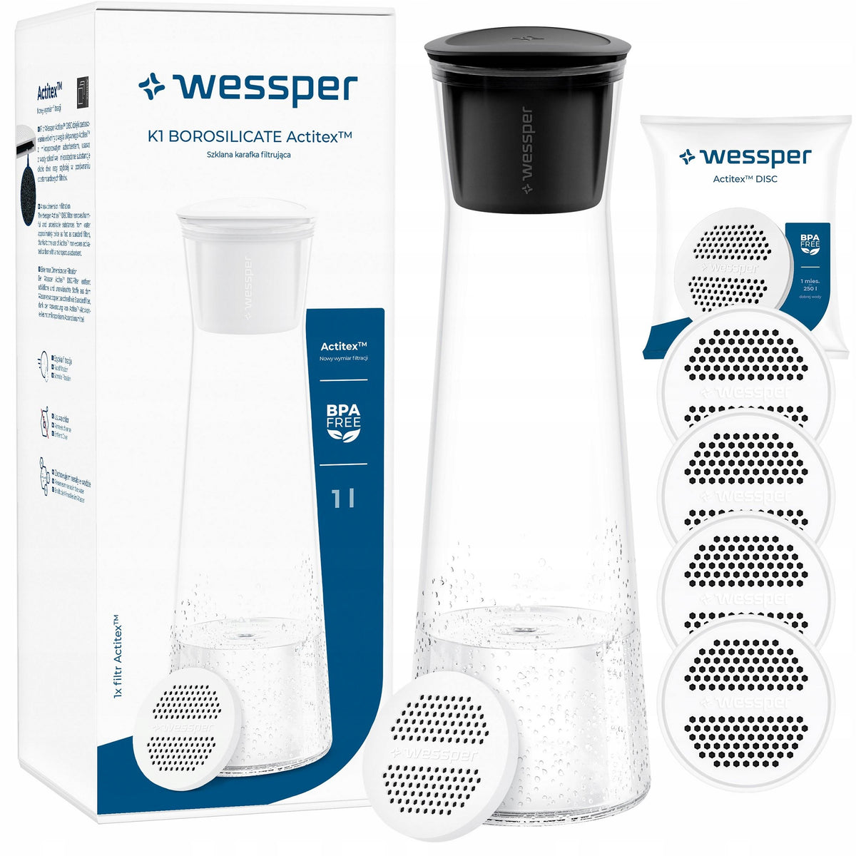 Glass Water and Beverage Decanter WESSPER 1L with 5 Filters for Faucet Water