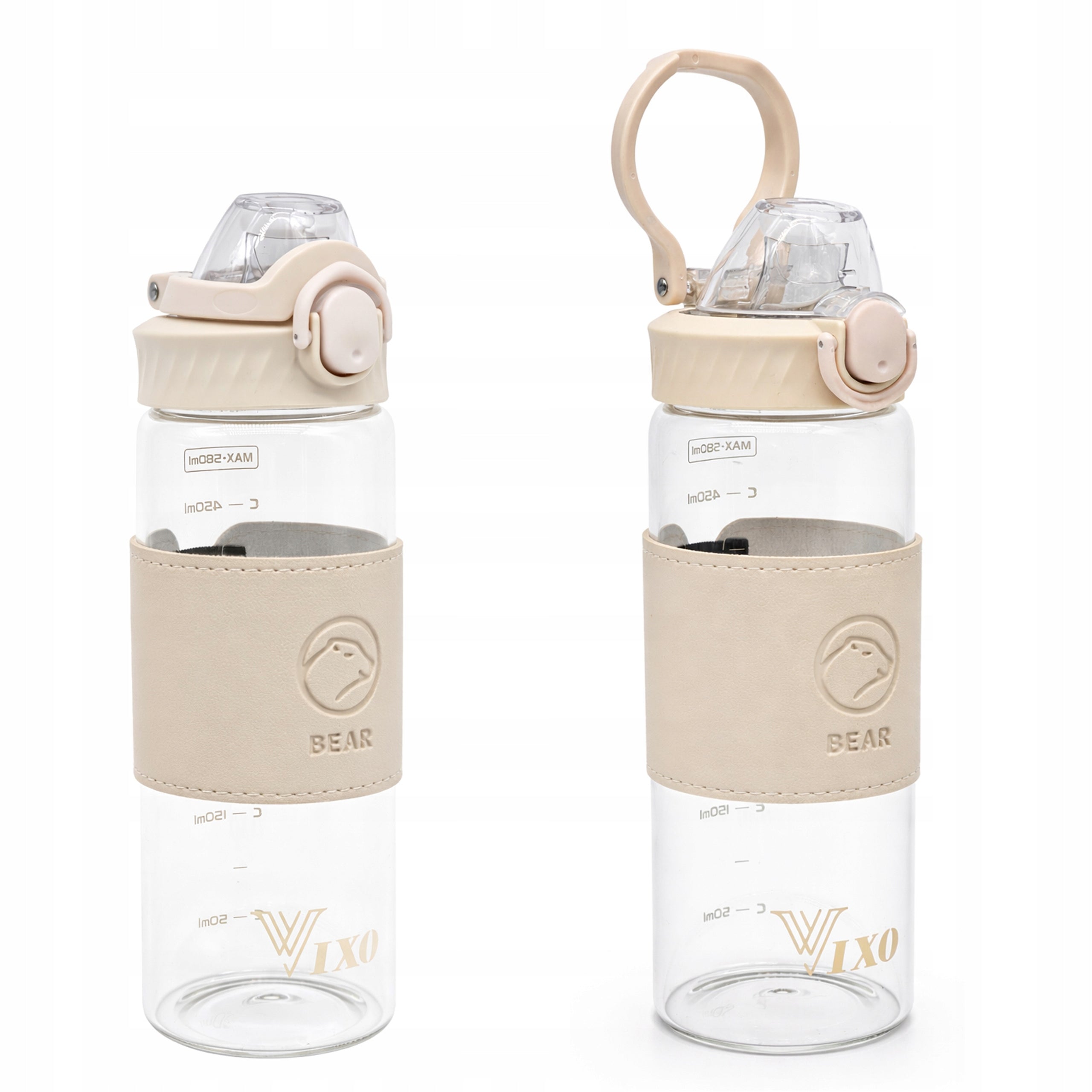Glass bottle 580ml VIXO leak proof strainer steel handle measuring cup glass eco belt Brand VIXO