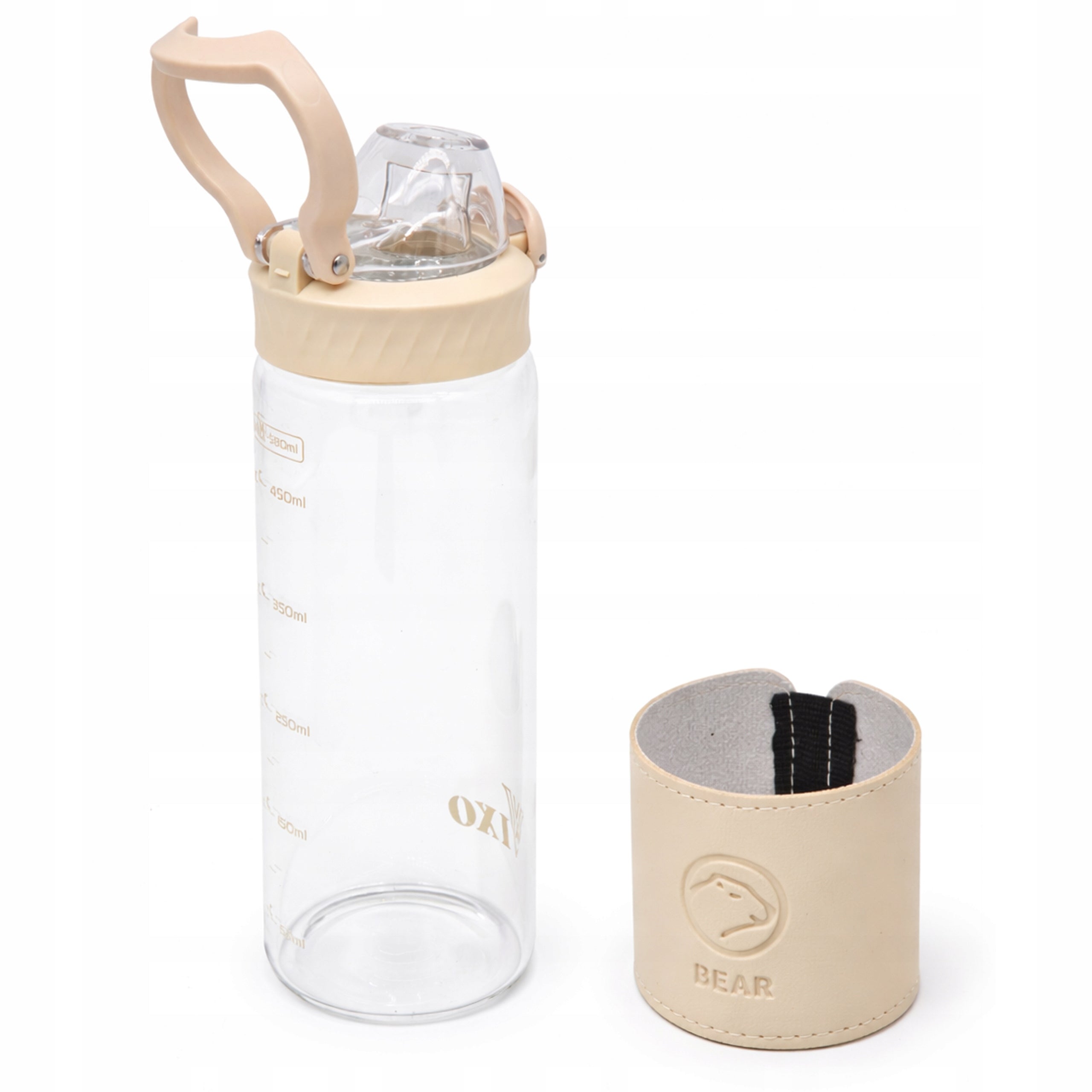 Glass bottle 580ml VIXO leak proof strainer steel handle measuring cup glass eco belt Color white