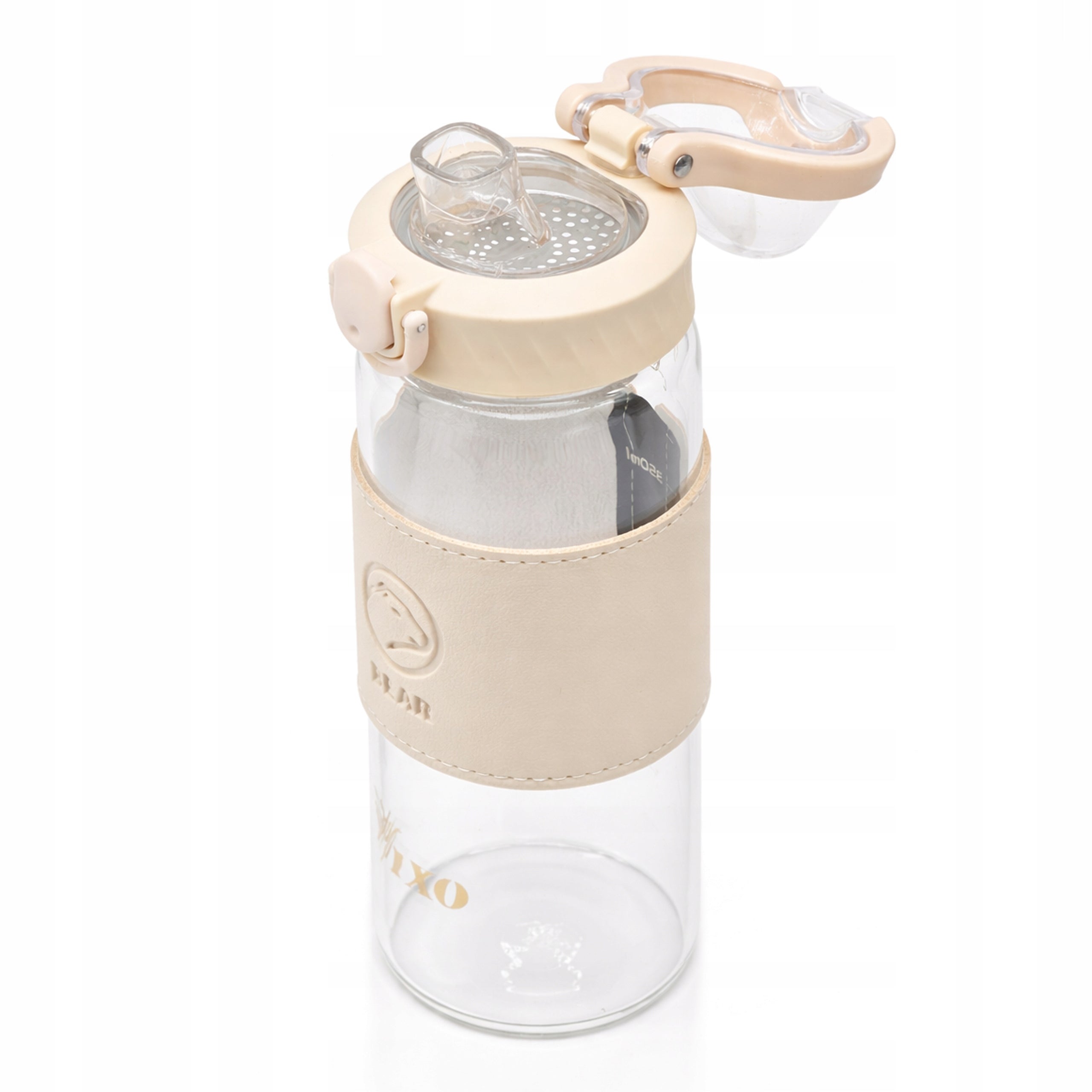 Glass bottle 580ml VIXO leak proof strainer steel handle measuring cup glass eco belt Model Bidon szklany butelka na wodę ze szkła 580ml