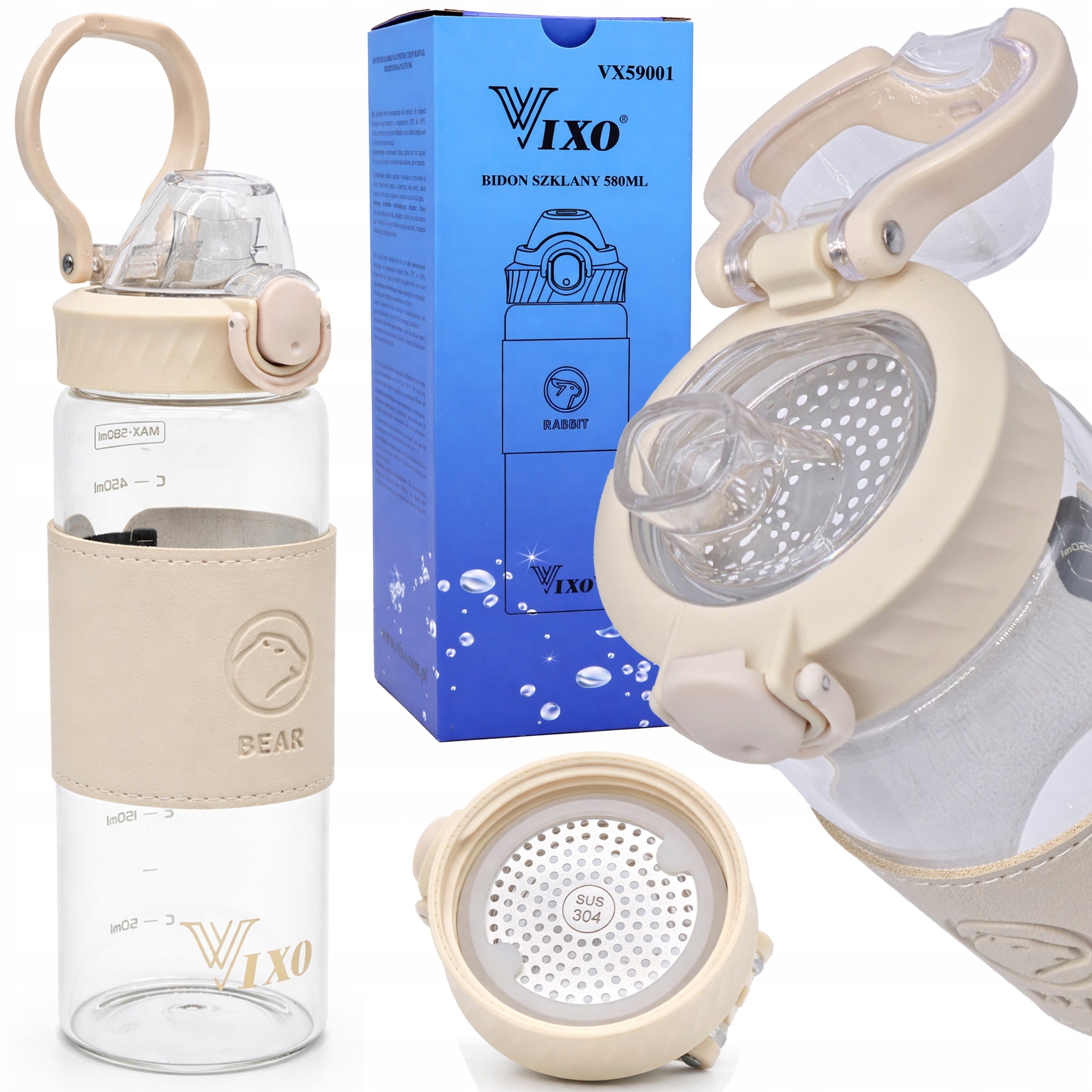 Glass bottle 580ml VIXO leak proof strainer steel handle measuring cup glass eco belt