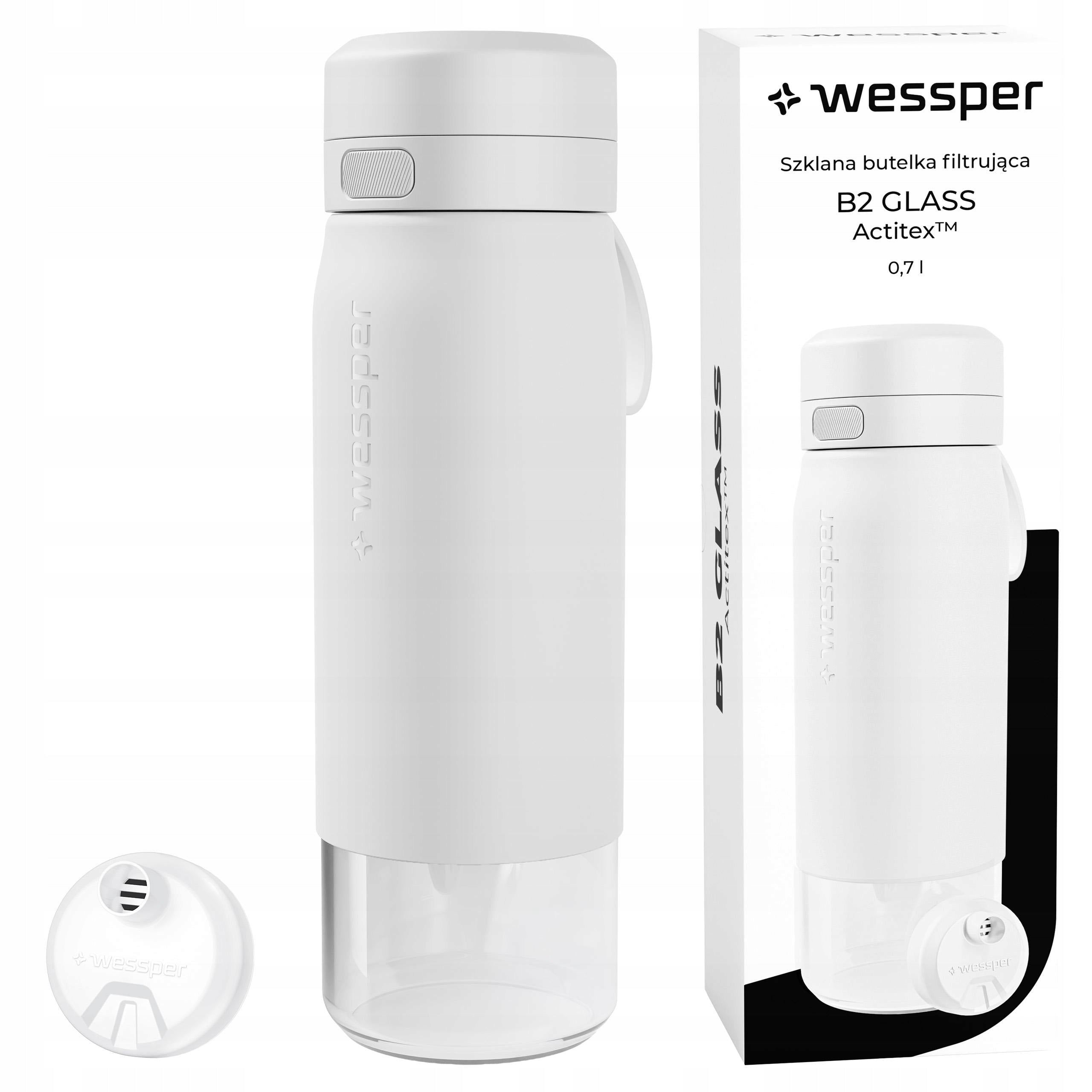 Glass bottle filtering water bottle Wessper B2 Actitex 700 ml mouthpiece