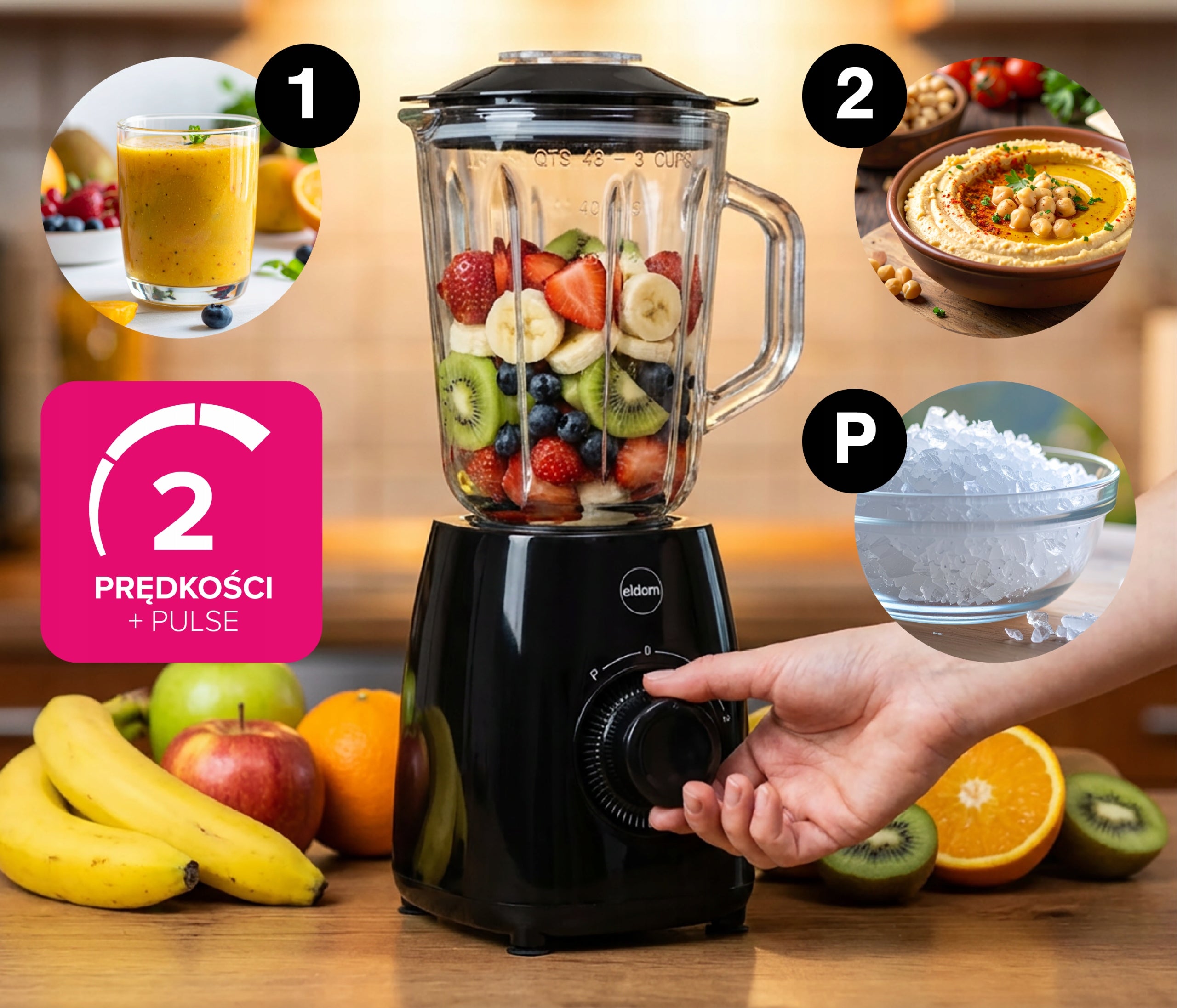 Glass cup blender for cocktails 1,8L 1000W black BK6 Eldom Packaging status original