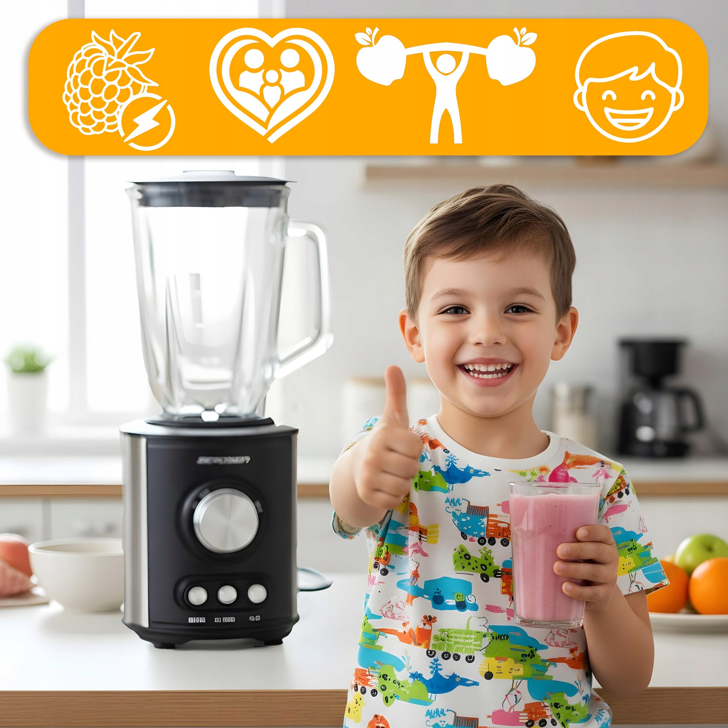 Glass cup blender for smoothie cocktails crushes ice 1,5L 800W black Blender jar volume 1.5 l