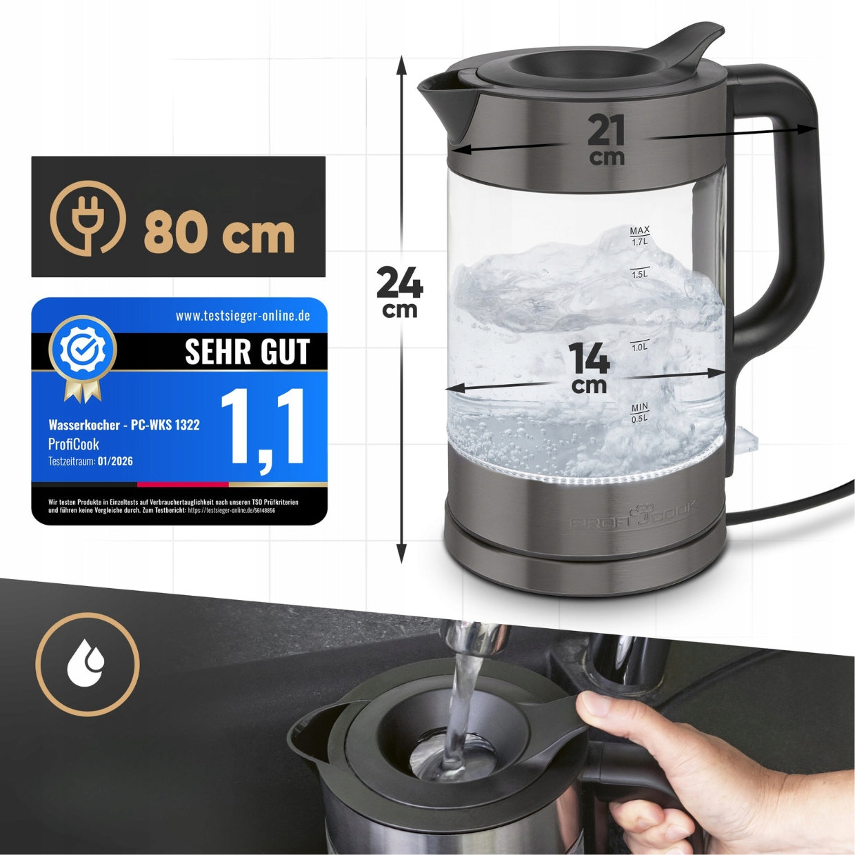 Glass electric kettle 1.7 L Glass ProfiCook PC-WKS (dark inox) Dominant color silver/gray