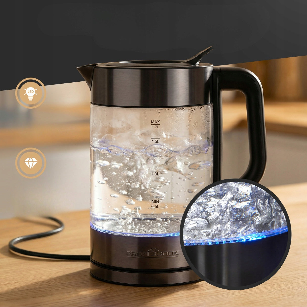 Glass electric kettle 1.7 L Glass ProfiCook PC-WKS (dark inox) Model WKS501331