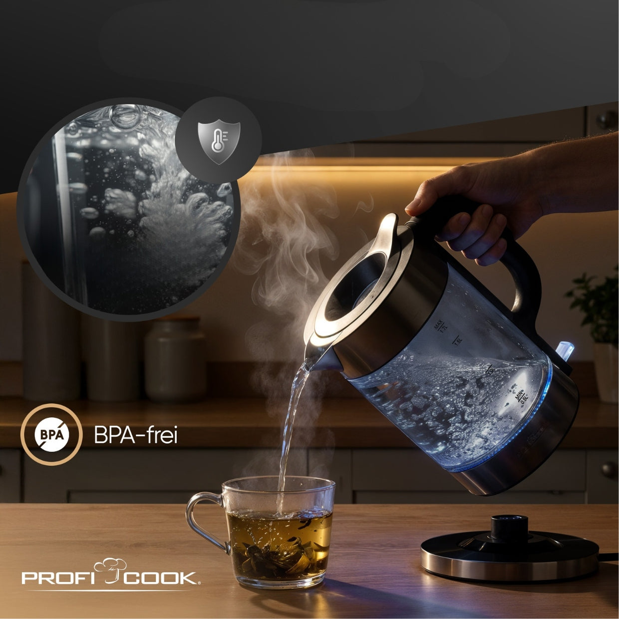 Glass electric kettle 1.7 L Glass ProfiCook PC-WKS (dark inox) Power 2200 W