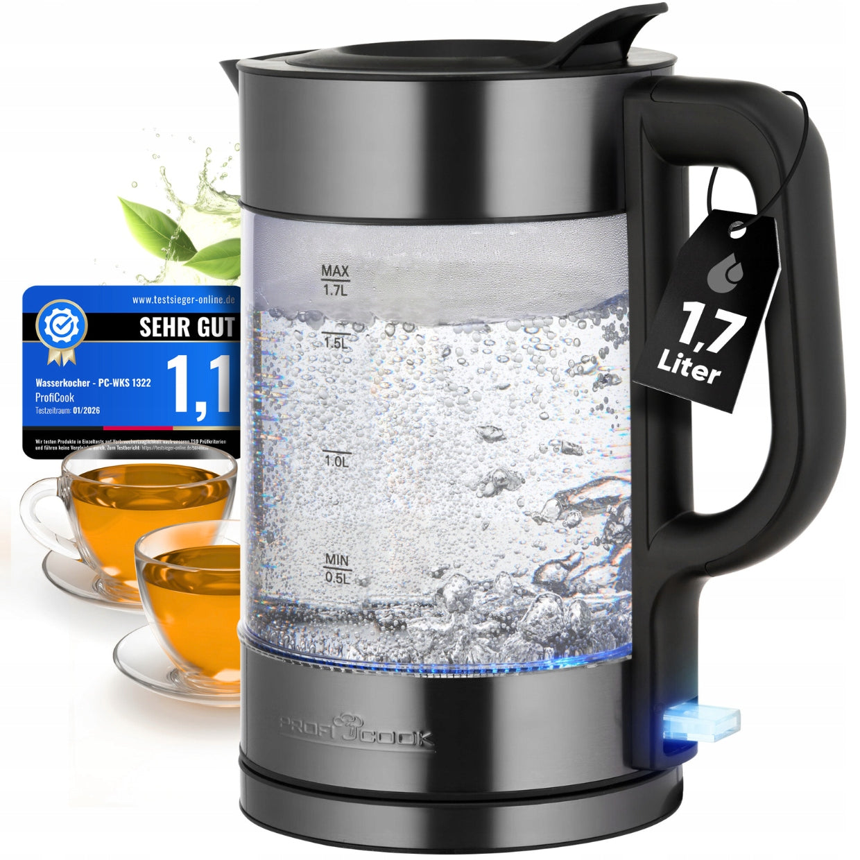 Glass electric kettle 1.7 L Glass ProfiCook PC-WKS (dark inox)