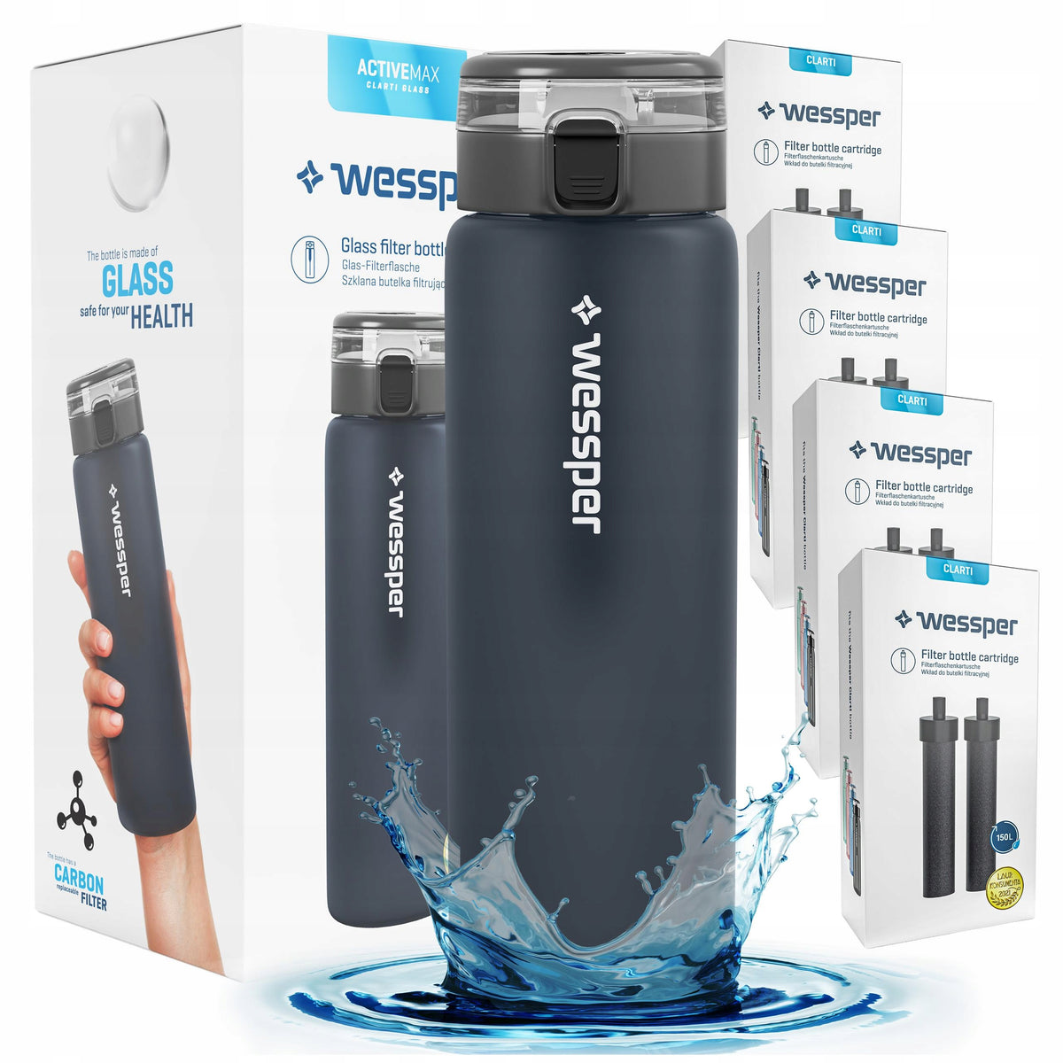 Glass filter bottle Wessper ActiveMax 0,68l grey + 9x Cartridge