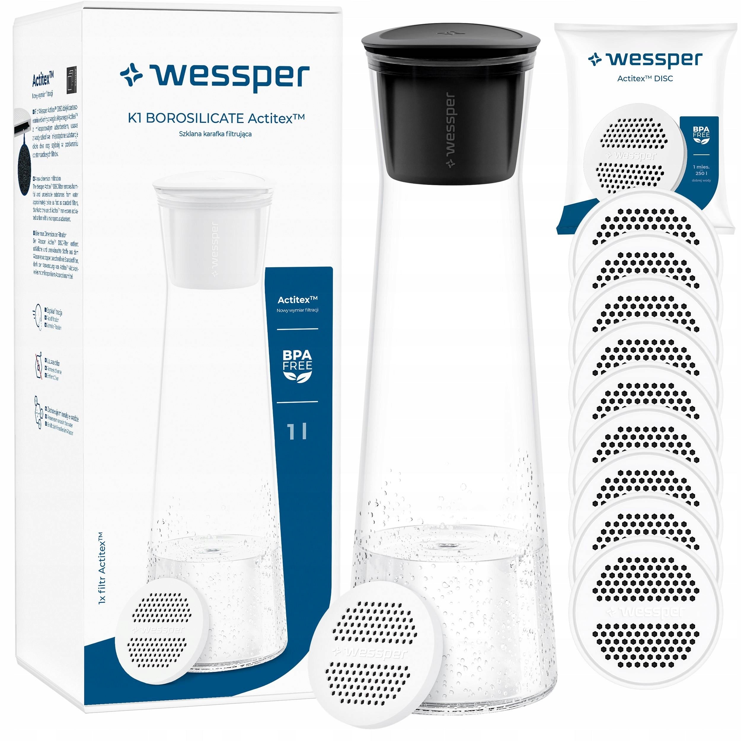 Glass filter carafe Wessper K1 BOROSCILICATE 1L + 10x water filter