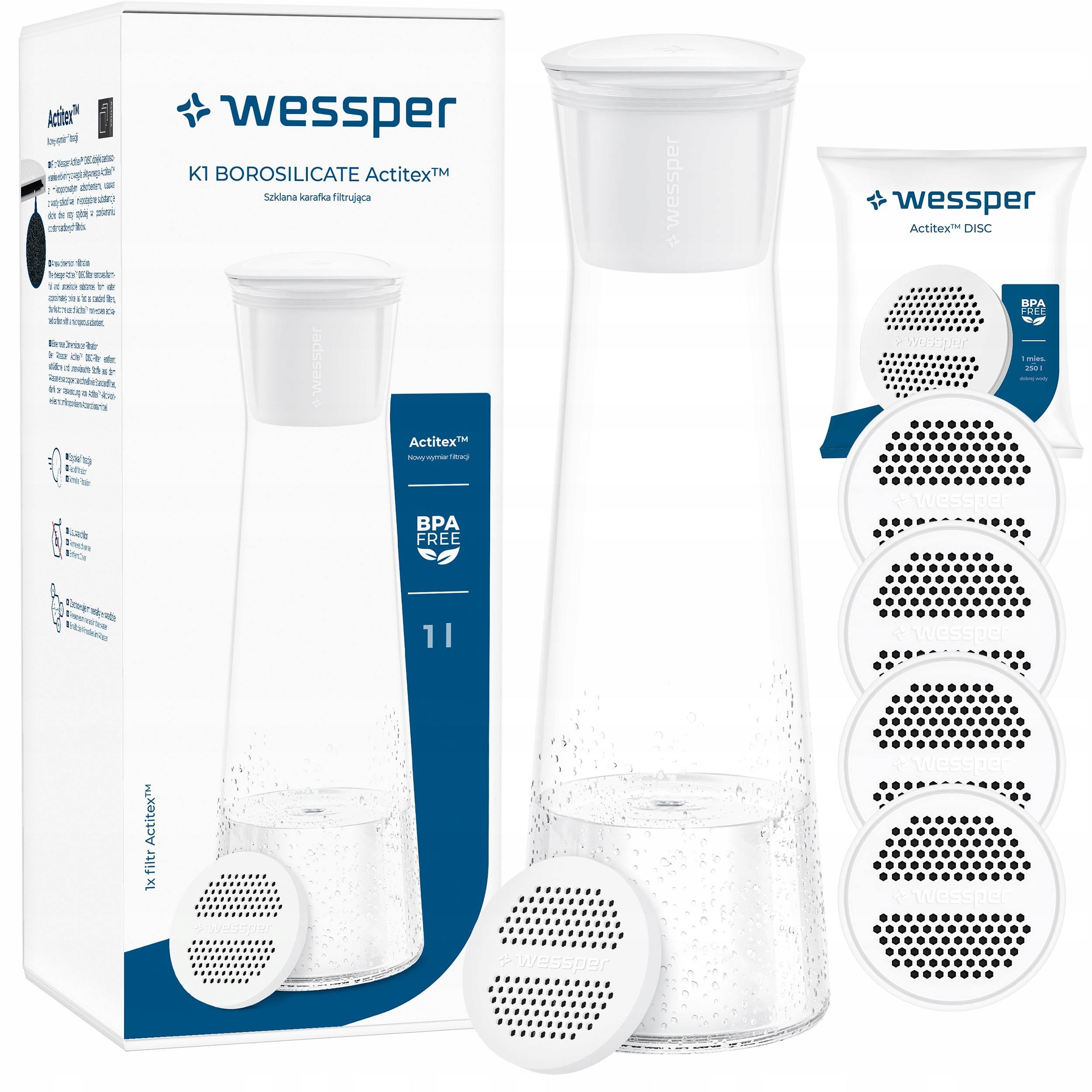 Glass filter carafe Wessper K1 BOROSCILICATE 1L + 5x water filter