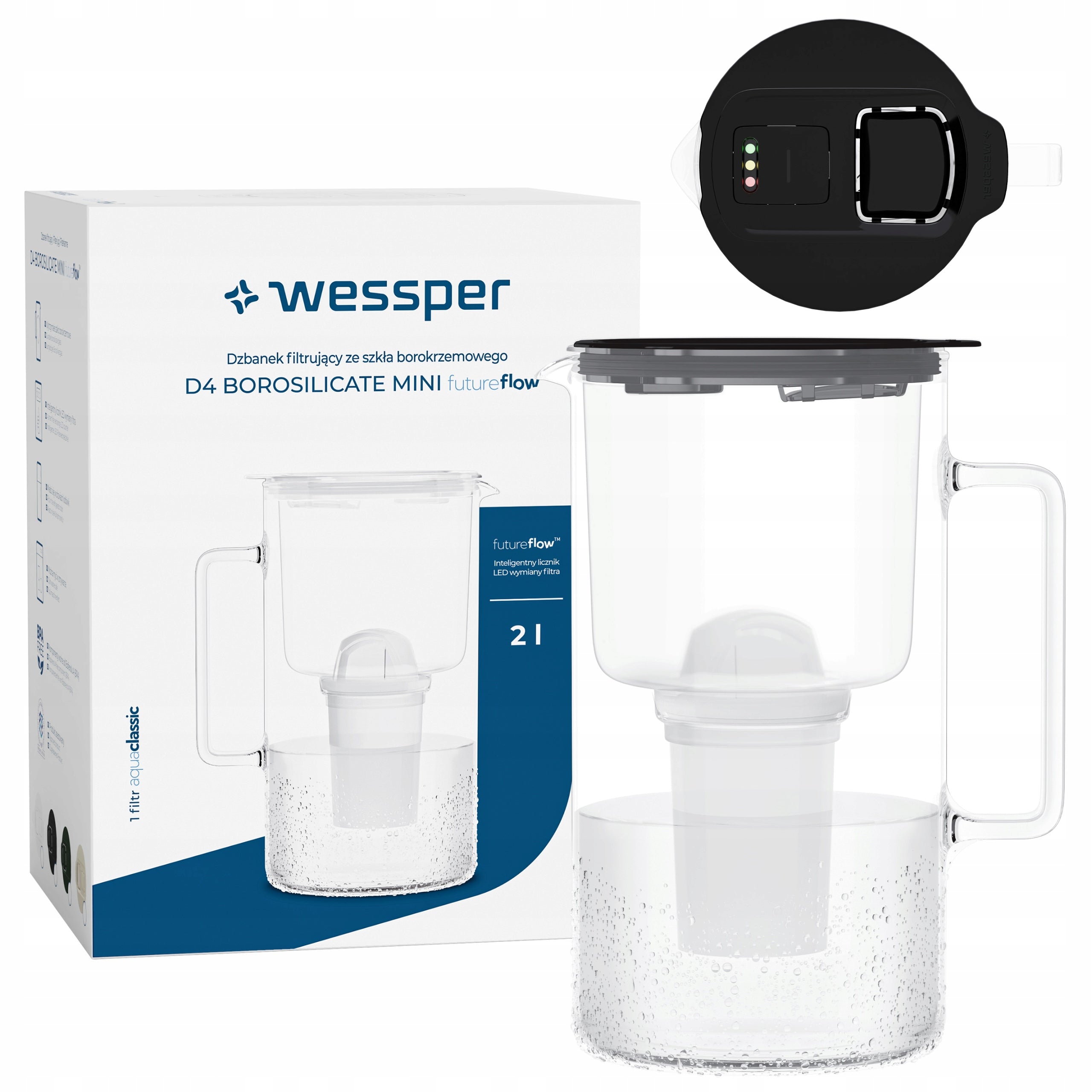 Glass filter jug 2L Wessper WES209-FF-BK MINI + LED filter
